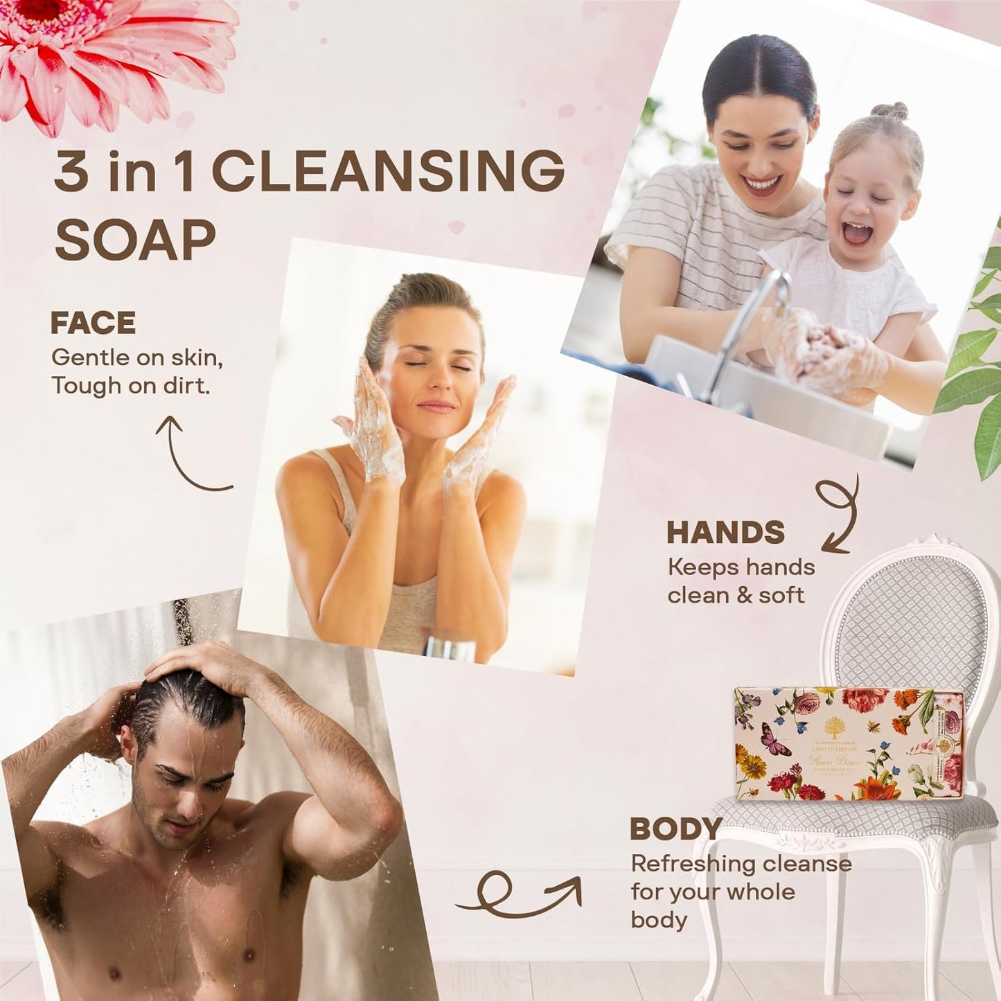 Wavertree & London Flower Dance Trio Natural Soap Bars 7 OZ, Pack of 3 – Fancy Australian Bar Soap Gift set for Women & Men, French Triple-Milled Luxury Bath Soap Bars Enriched with Shea Butter