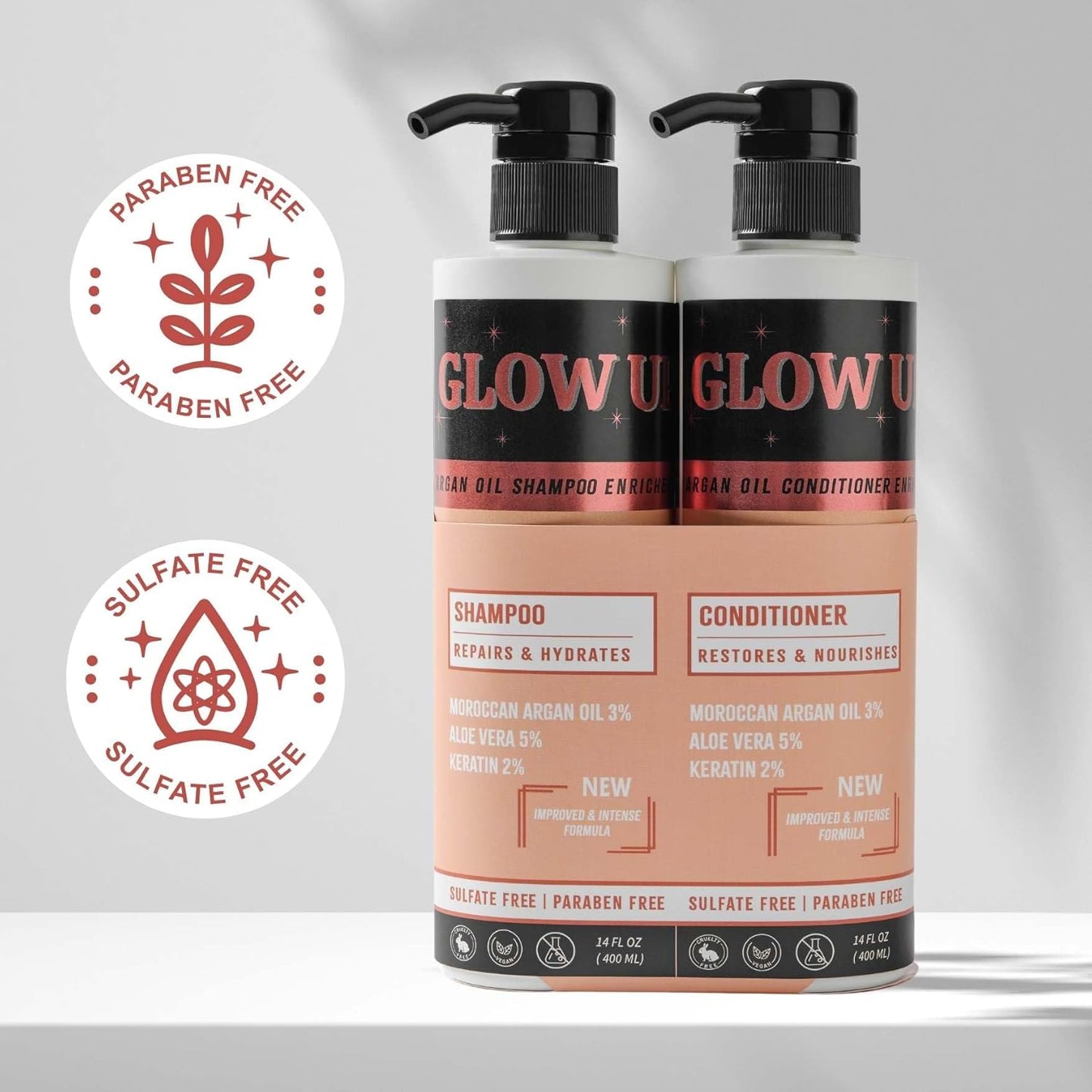 GLOW UP by Nurse Harvey's - Argan Oil Shampoo & Conditioner Set with Keratin & Aloe Vera, 14 fl oz Each – Repairs, Hydrates, Restores Shine – Sulfate Free, Paraben Free, Vegan & Cruelty Free