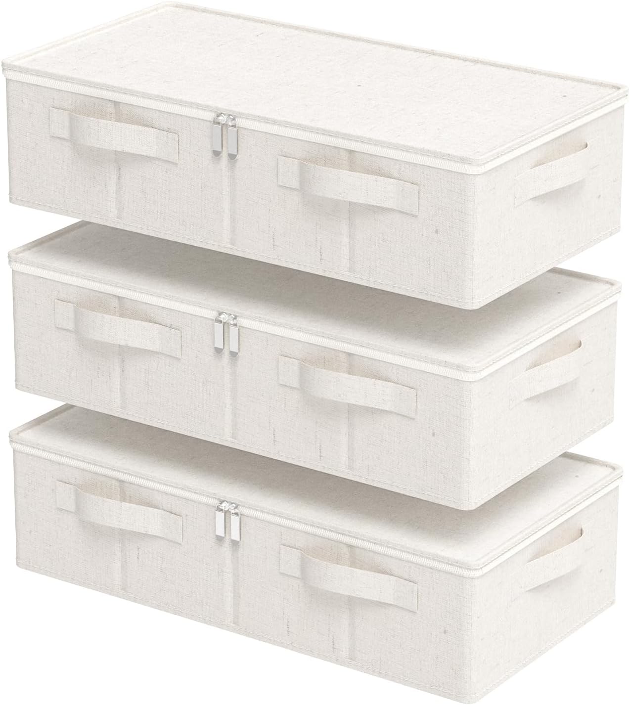 Underbed Storage Box Organizer, Foldable Under Bed Clothes Bags Container, Flat Bins with Lid for Organizing Clothes, Sheets, Blankets, Comforter, 23.6x11.8x5.9in, Beige, 3 Pack