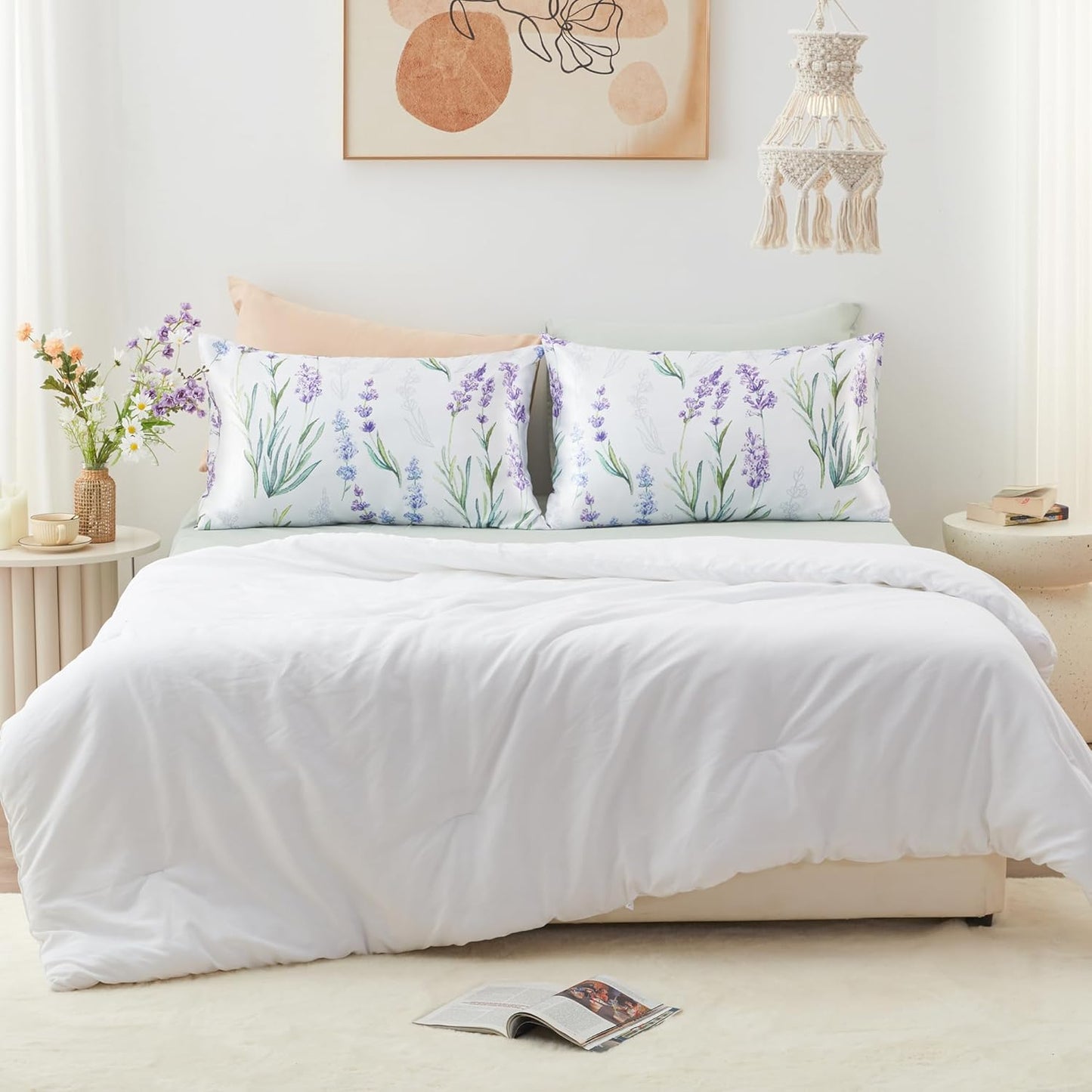 EXQ Home Satin Pillowcase for Hair and Skin Queen - Lavender Printed Silk Pillowcase 2 Pack 20x30 inches - Satin Pillow Cases Set of 2 with Envelope Closure, Gifts for Women