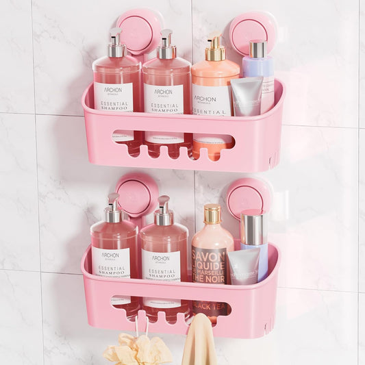 LEVERLOC Shower Caddy Suction Cup 2 Pack, Shower Organizer Removable Bathroom Shelf, Storage Suction Powerful Max Hold 22lbs Bathroom Caddy Waterproof Holder, Pink