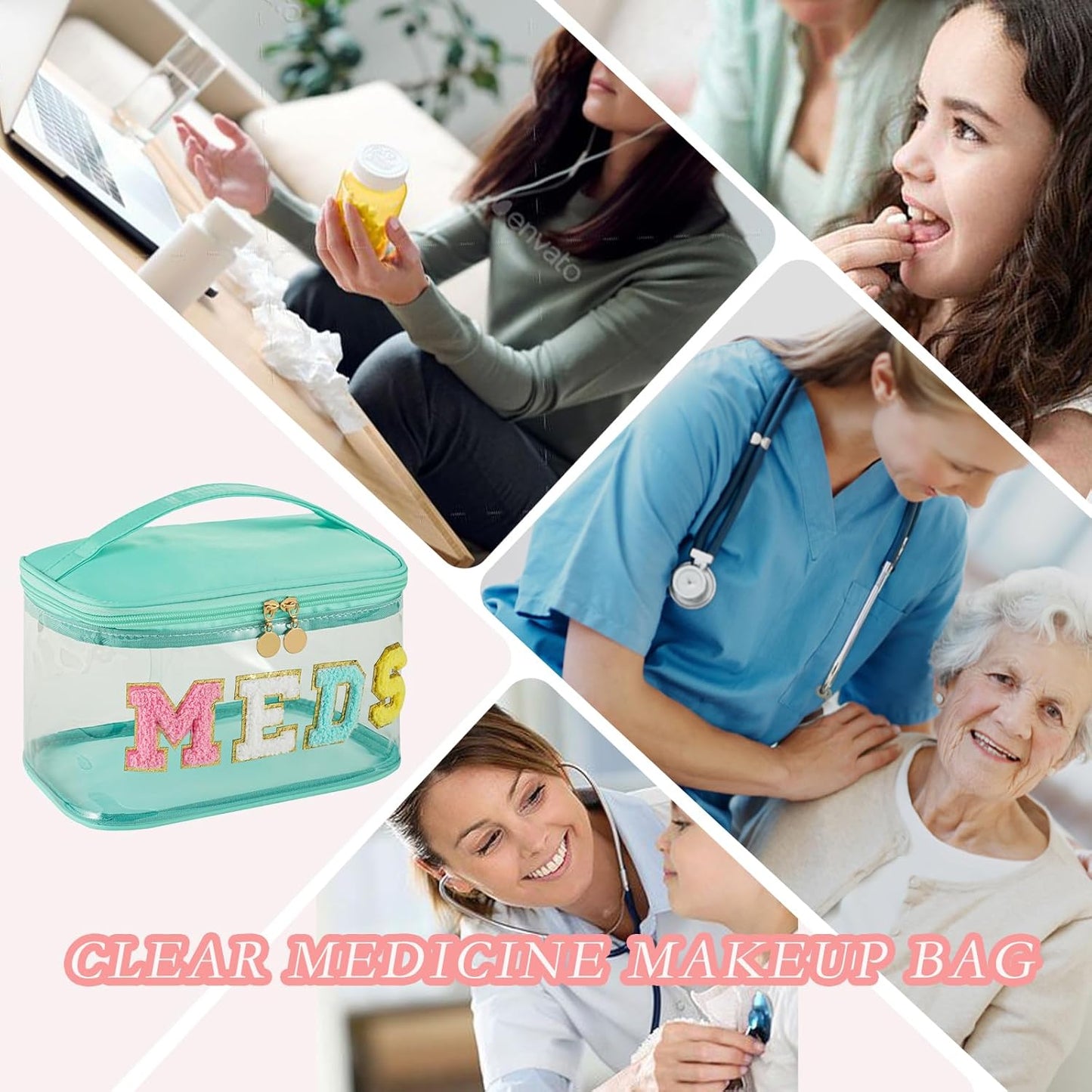 Personalized Chenille Letter Clear Medicine Makeup Bag, Large Waterproof Nylon Cosmetic Toiletry Storage bag with Top Handle, Transparent Meds First Aid Travel Organizer Cosmetic Bag(12Green-Meds)