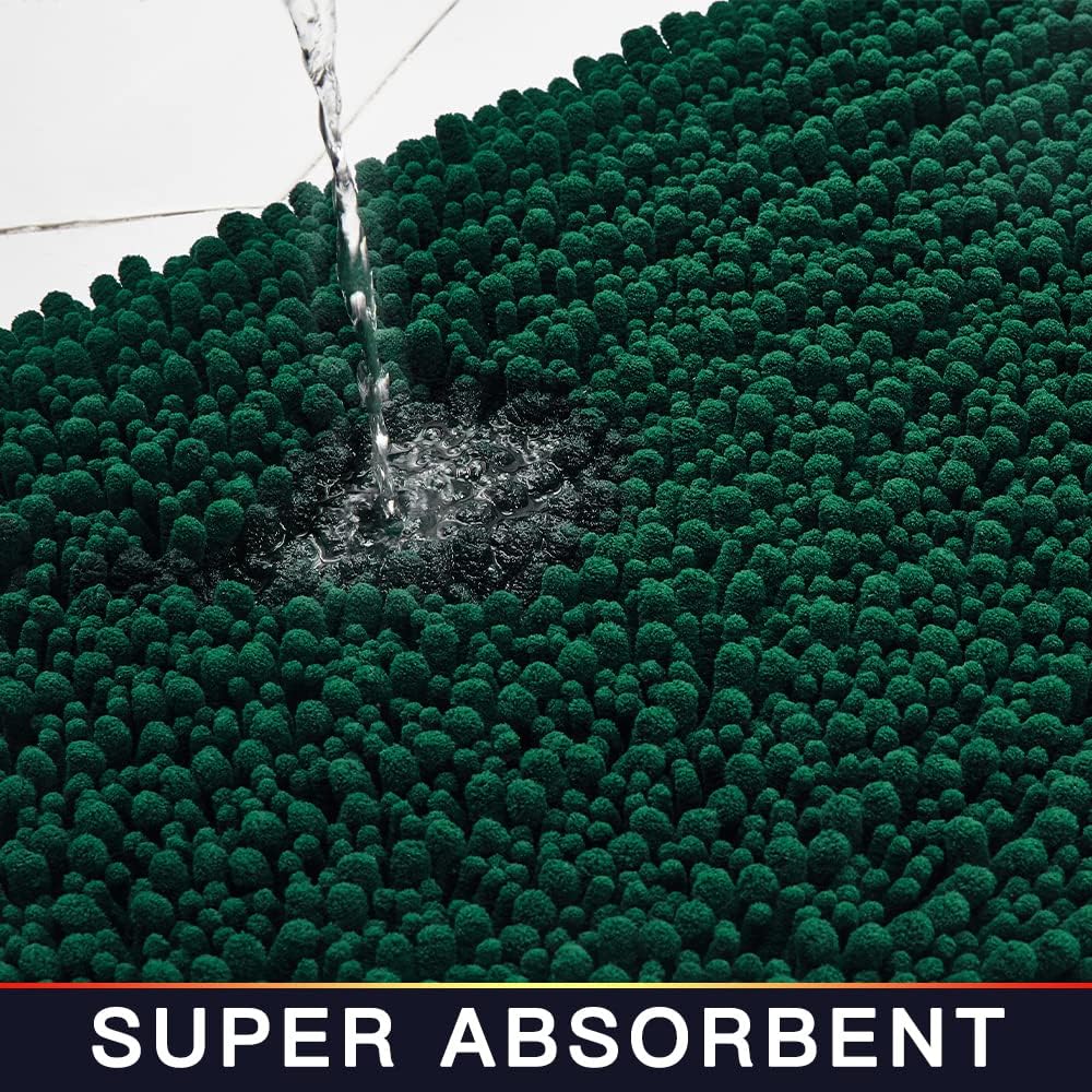 Walensee Bathroom Rug Non Slip Bath Mat (24x17 Inch Hunter Green) Water Absorbent Super Soft Shaggy Chenille Machine Washable Dry Extra Thick Perfect Absorbant Best Small Plush Carpet For Shower Floor