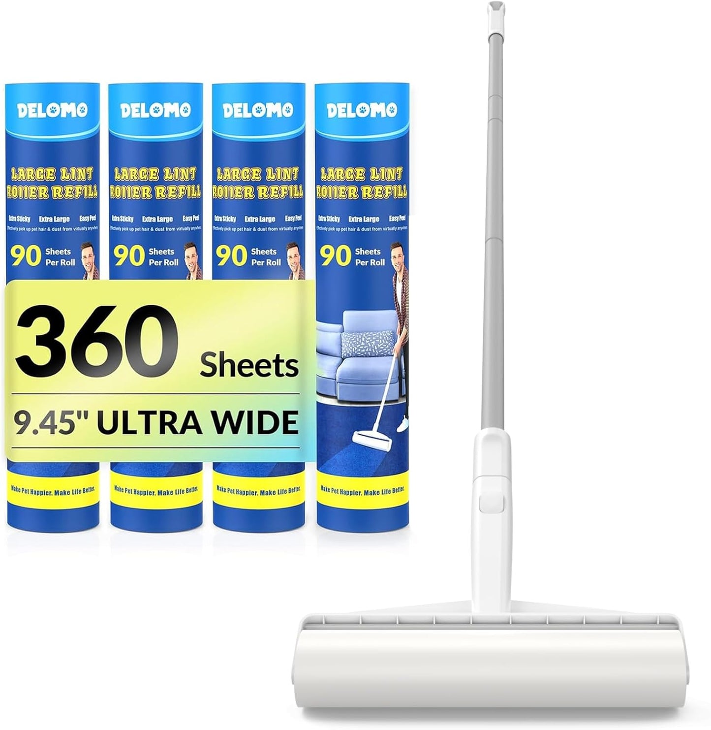 Large Lint Roller - 9.45 in Giant Lint Roller Refill 360 Sheets Total, 45 in Telescopic Pole to Clean Without Bending Down, Sticky Rollers for Floor Cleaning Carpets, Cars, Clothing, Pet Hair