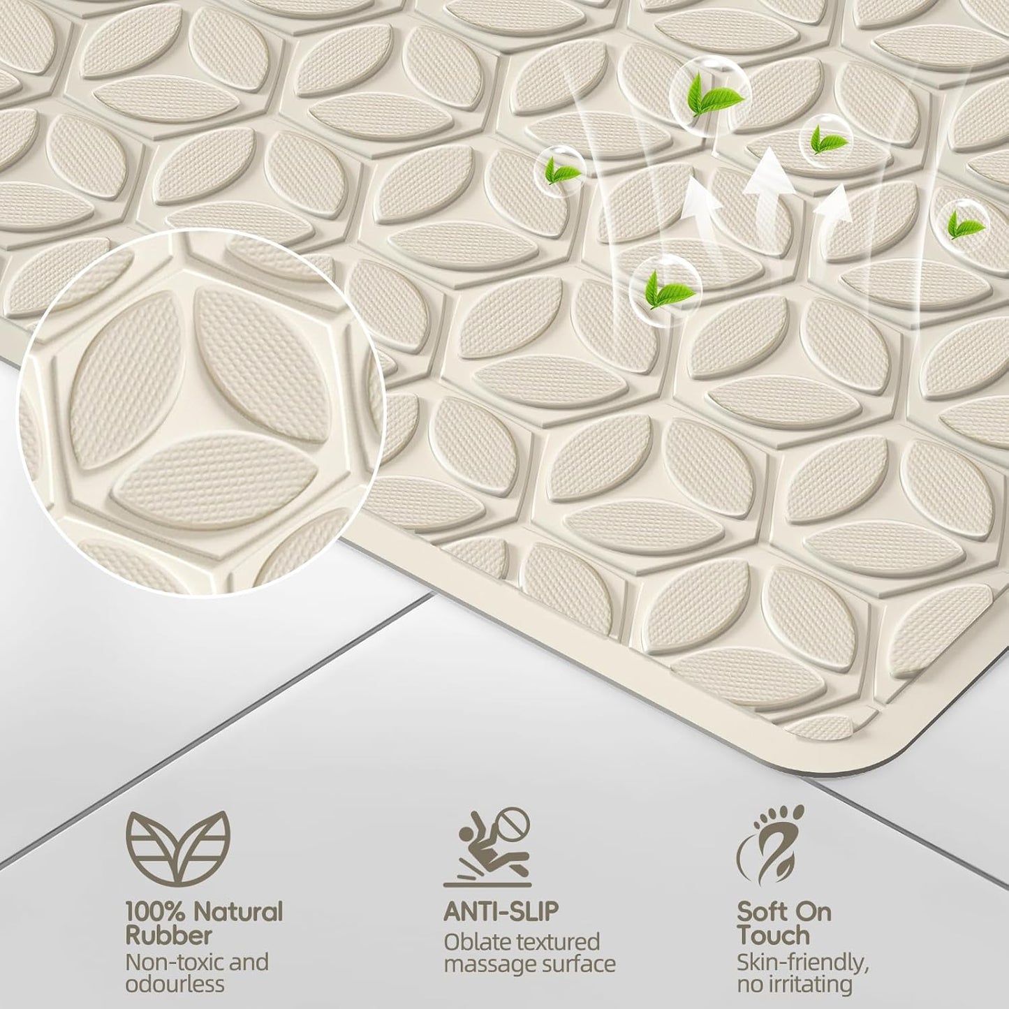 WRISIN Bathtub Mat Non Slip with Suction Cups - 100% Rubber Bathroom Mat Textured for Bath Tub Shower Safety - Soft on Touch - BPA/PVC Free - Pet Dog Bath Mat - Machine Washable - 16 × 28 Inch（Beige）