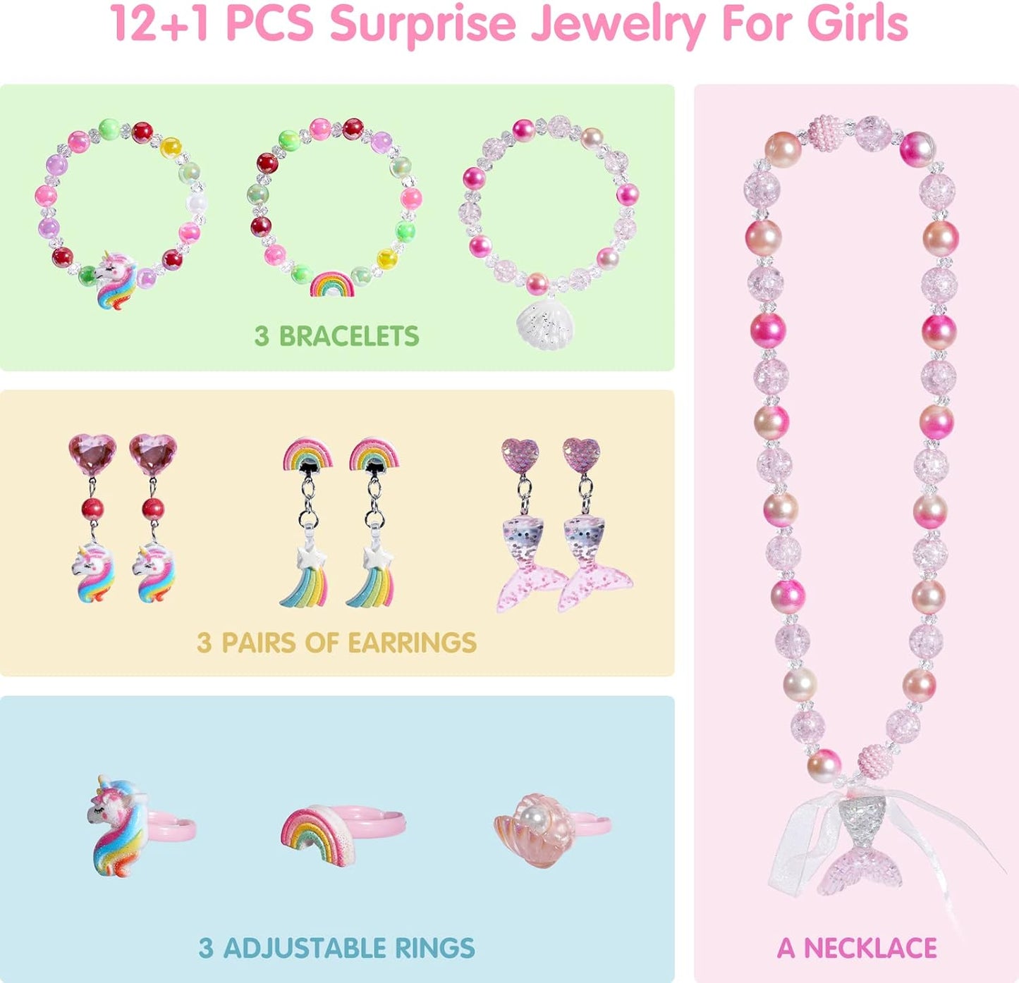 Kids Bath Bombs for Girls with Toys Inside, 12+1 Pack Unicorn Bath Bombs with Surprise Jewelry for Kids, Princess Girls BathBombs with Mermaid Necklace 3 4 Year Old Girl Birthday Easter Gifts