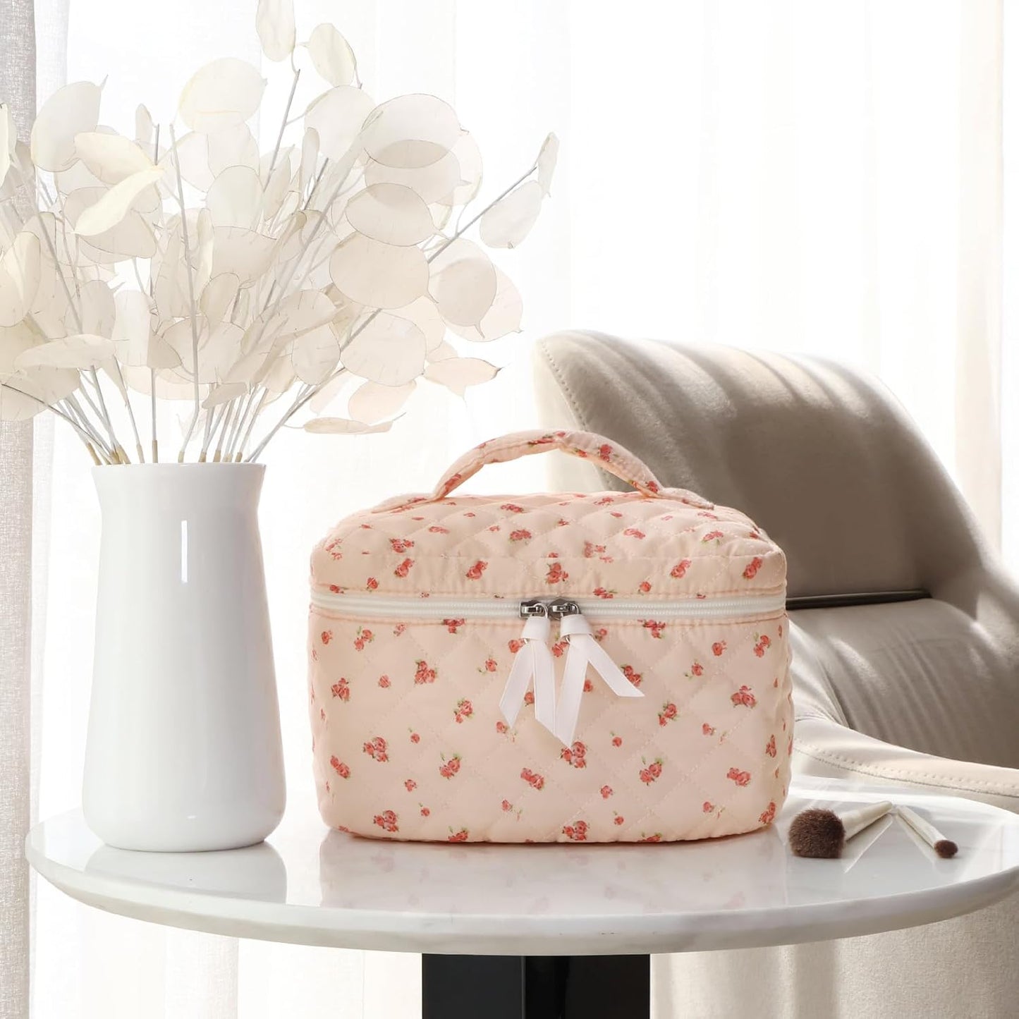 Prite Large Makeup Bag for Women Quilted Floral Cotton Cosmetic Bag Cute Coquette Aesthetic Floral Travel Toiletry Bag (Pink Flower)