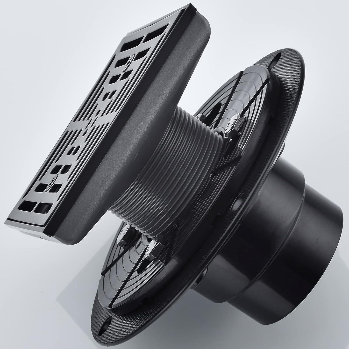 RANDOM 4 Inch Black Shower Drain Square with Adjustable PVC Base Flange,SUS304 Stainless Steel Matte Black Shower Floor Drain with Removable Cover Grid Grate
