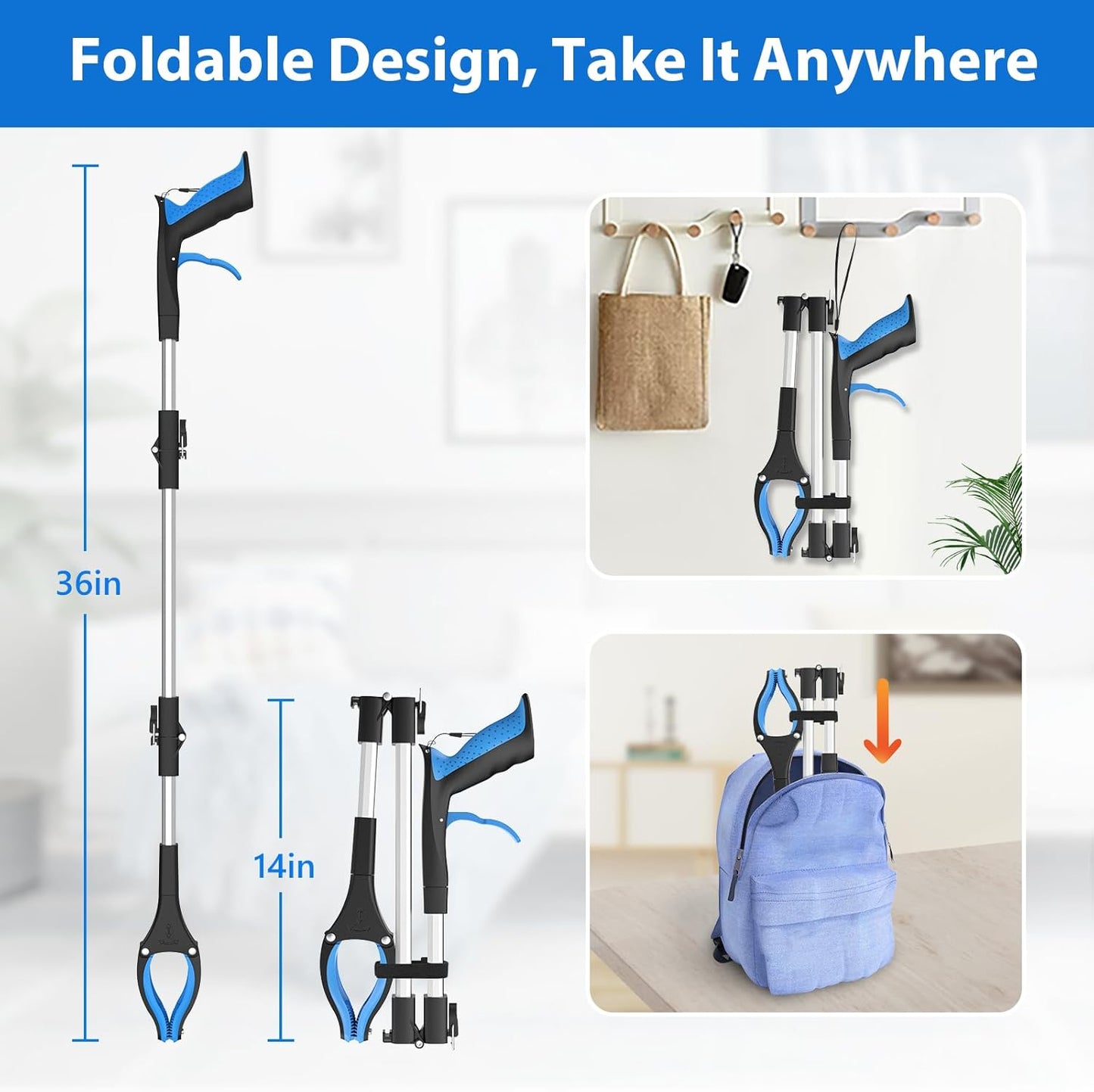 Grabber Reacher Tool 36 Inch, Heavy Duty Foldable Grabber with Anti-Slip 360° Rotating Jaw, Magnetic Tip for Seniors, Reacher Grabber Pickup Tool for Elderly After Surgery Recovery