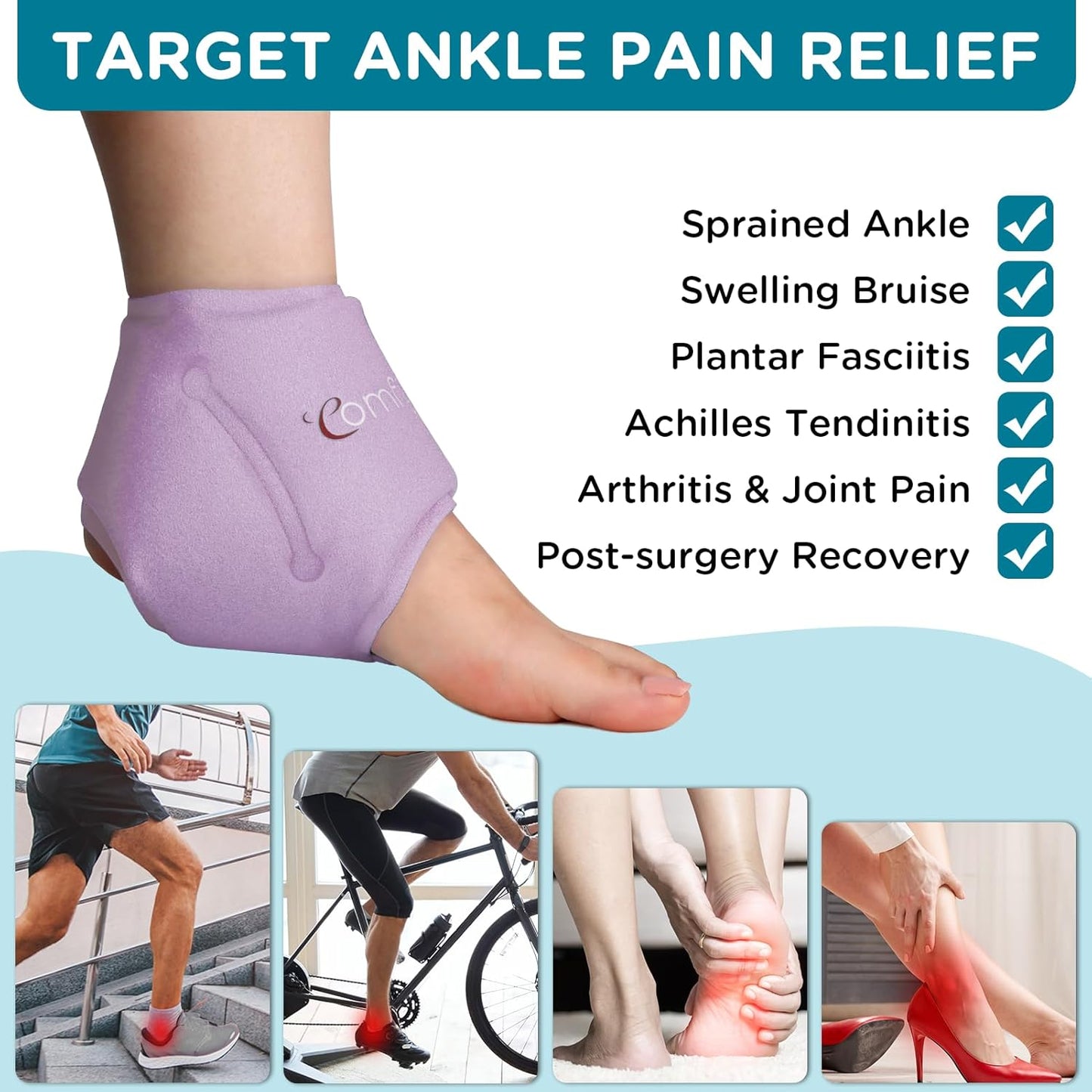 Comfytemp Ankle Ice Pack Wrap for Swelling, Plantar Fasciitis, Foot Pain Relief, Gel Packs for Injury Reusable, Hot Cold Compress for Achilles Tendonitis, Heel Spur, Sprain, Swelling, 2 Packs (Purple)