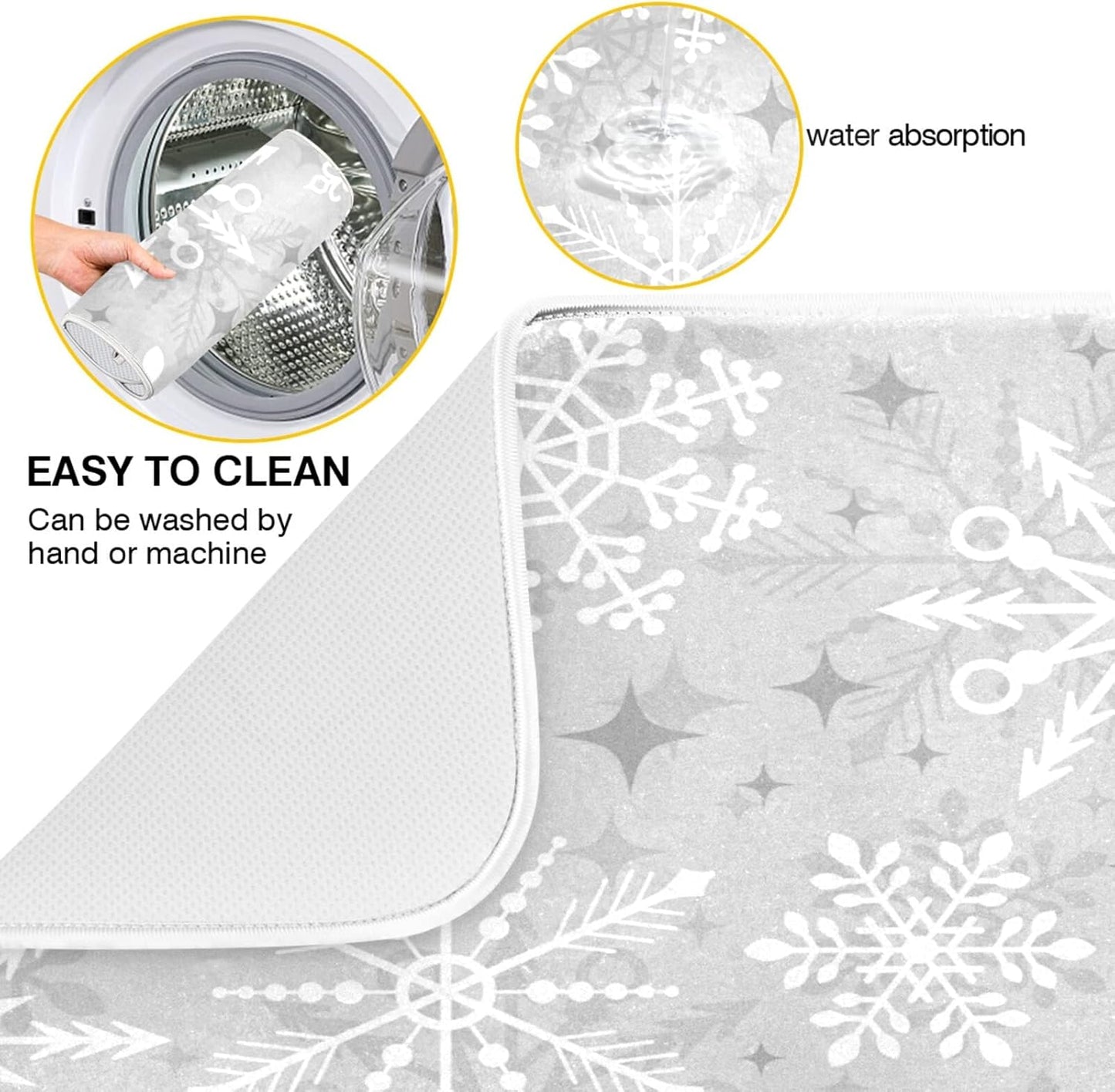 Dish Drying Mat for Kitchen Counter 18 x 16 Inch Christmas Silver Snowflake Microfiber Dish Mat Drying Pad Absorbent Dishes Pad Dish Drainer Rack Mats