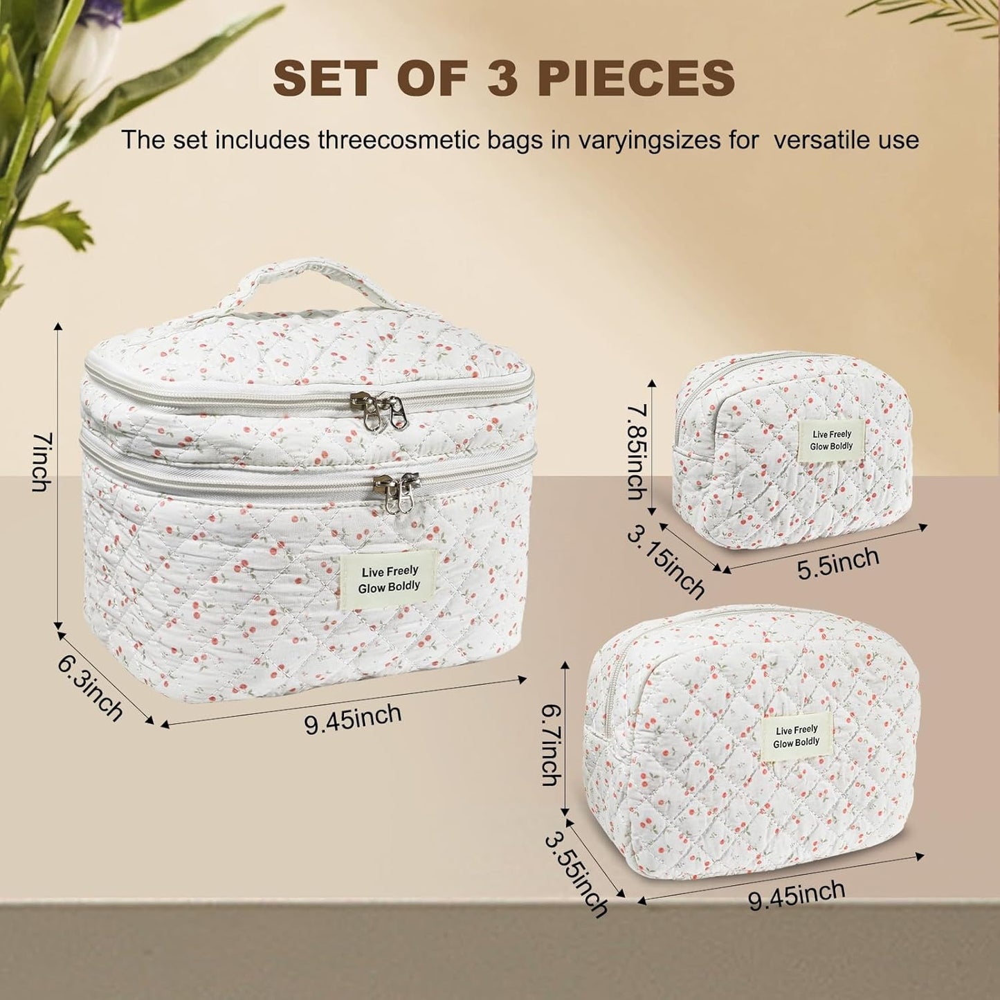 3Pcs Large Travel Quilted Makeup Bag, Double Layer Cute Floral Cotton Toiletry Bag, Aesthetic Flower Cosmetic Bag Coquette Skincare Organizer Bag for Women (79-Cherry)