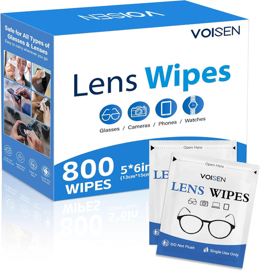 VOISEN Lens Wipes for Eyeglasses,800 Pack Eye Glasses Cleaner Wipes,Pre-Moistened Individually Wrapped Lens Wipes,Non-Scratching Non-Streaking,Safe for Eyeglasses, Goggles, Camera Lens, Phone