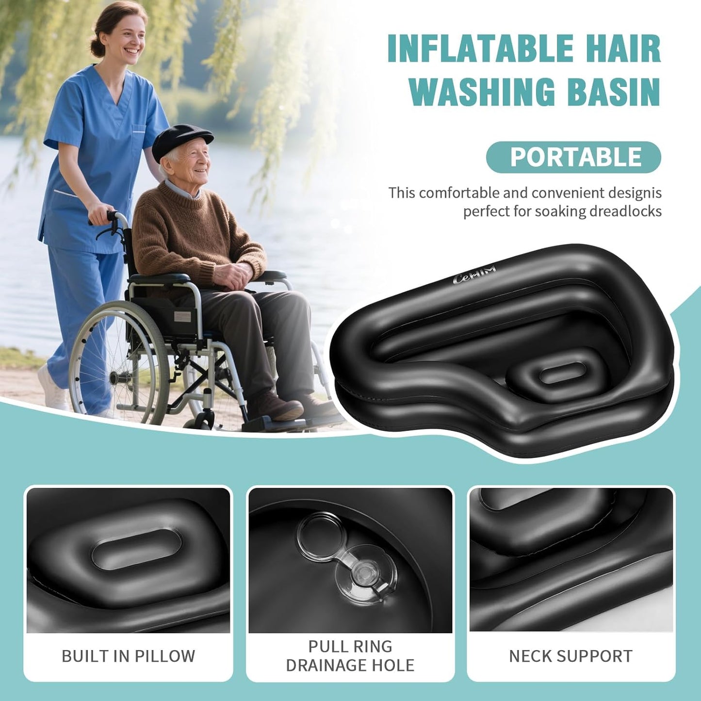 Portable Inflatable Shampoo Basin for Bedridden and Kids - Hair Washing Tray for Sink at Home with Fast-Drain Slope, Neck Support and Drain Hose - Hospital PVC Hair Washing Station (Black, Large)