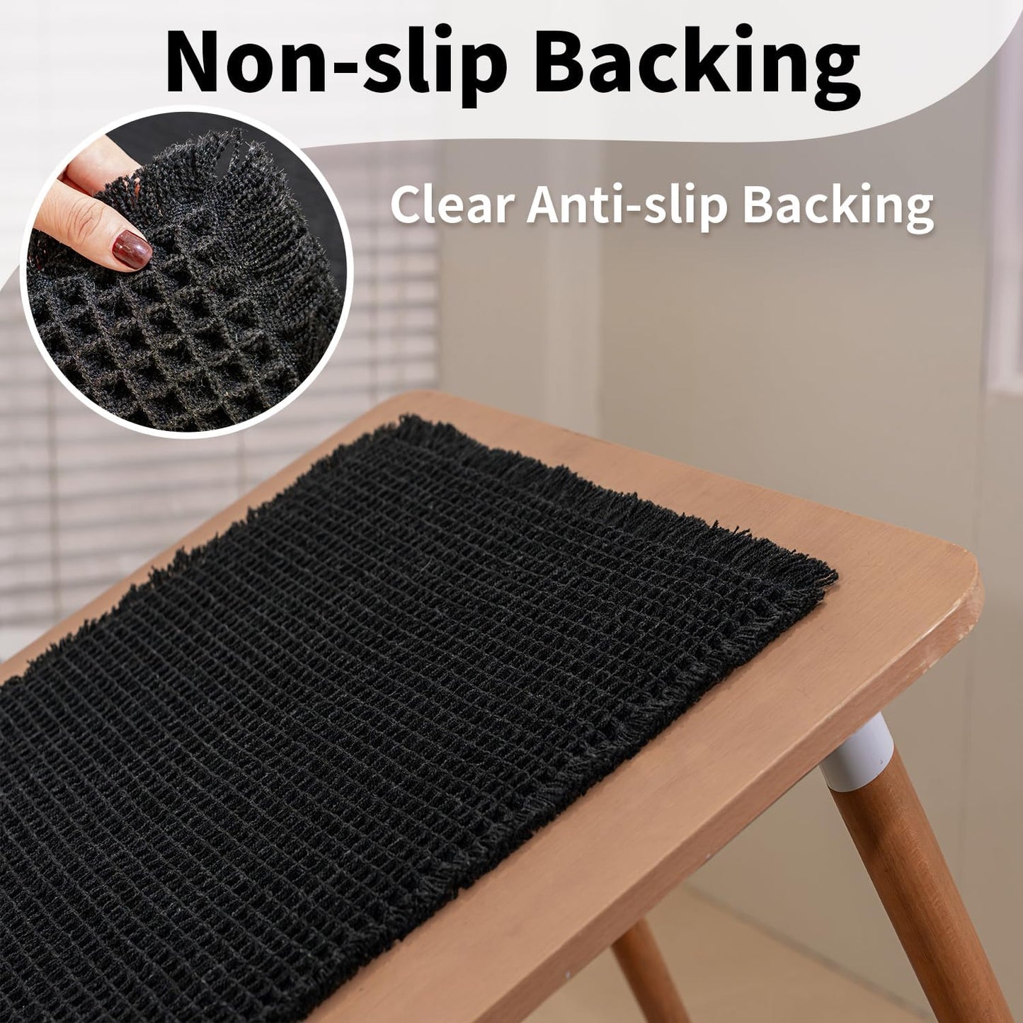 Black Bathroom Rug - Waffle Bath Mat Non Slip Washable, Super Absorbent & Quick Dry, Boho Bath Mat Farmhouse Bathroom Decor, 20'' x 32'', Black