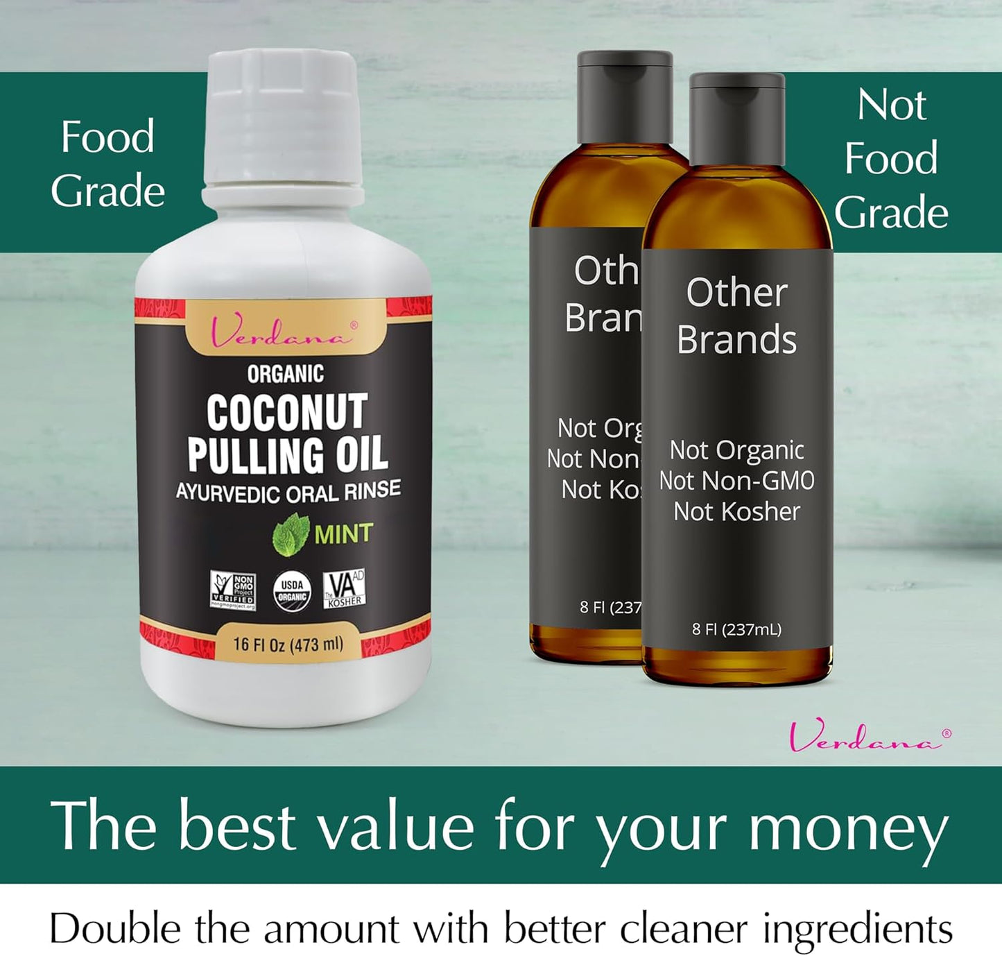Verdana Organic Oil Pulling Mouthwash – 16 oz Mint – USDA Organic Coconut Oil Rinse for Teeth & Gums – Alcohol-Free, Fluoride-Free Natural Mouthwash for Fresh Breath & Gum Health