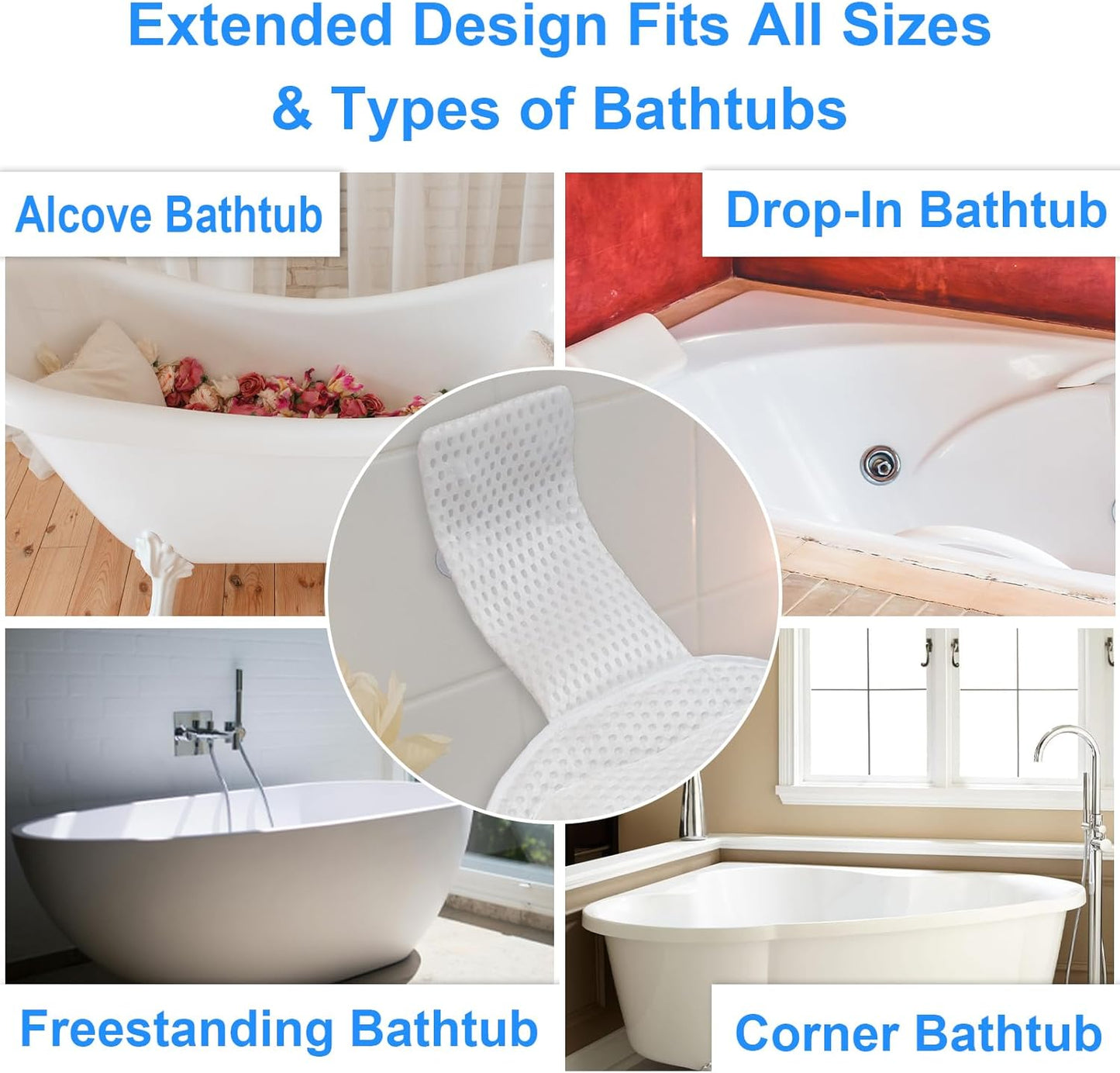 Ultra-Comfort Bathtub Pillow - 2 Sizes, Extra Thick & Soft, Quick-Dry, Anti-Detachment and Anti-Slip Suction Cups, Universal Fit for All Bathtubs, Machine Washable (Standard Store Sizes)