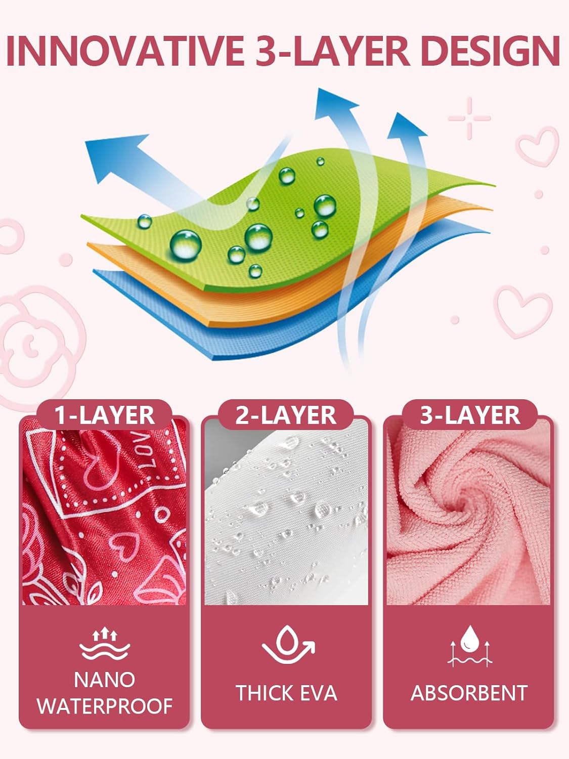 Years calm Terry Lined Shower Cap, Triple Layer Heart Motifs,Waterproof Reusable Elastic,Hair Shower Cap for Women,Terry Cloth Shower Caps for Spa,Clean,Trave (Red, One Size)