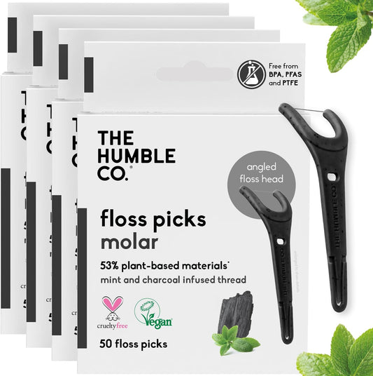 The Humble Co. Floss Picks (200 Count) – Plant Based Dental Floss Picks with Grip Handle for Superior Oral Care, Dental Hygiene, and Gum Health, Cruelty Free Tooth Floss Picks (Charcoal)