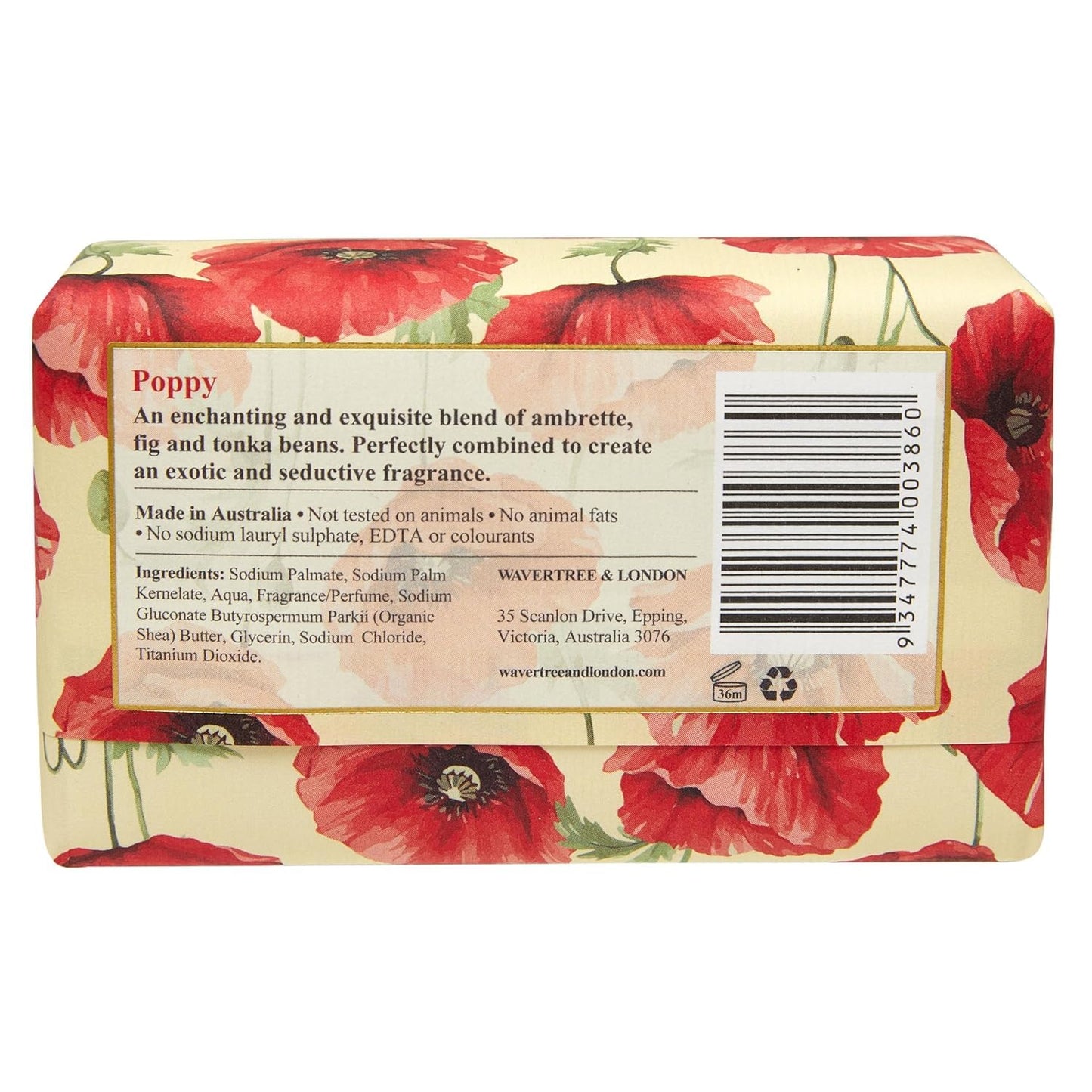 Wavertree & London Poppy Scented Natural Soap Bar, 7oz Moisturizing French Triple Milled Soap Bar for Women & Men
