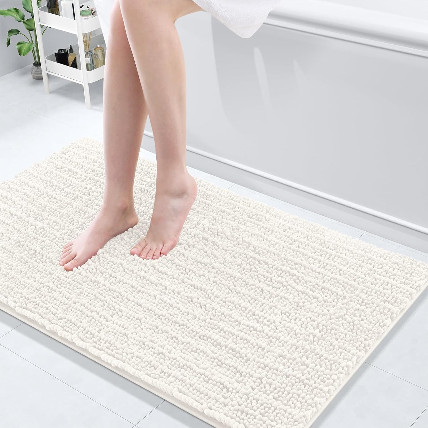 Arotive Luxury Chenille Bathroom Rug Mat, Extra Soft Thick Absorbent Shaggy Bath Rugs, Non-Slip Machine Wash Dry, Plush Bath Mats for Bathroom, Shower and Tub, 44x24, Ivory