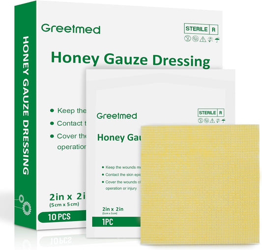 Honey Gauze Dressing 2'' x 2'' Sterile Honey Wound Dressing, Medical Grade Manuka Honey Patches for Faster Wound Care | Burns | Traumatic Wounds and Laceration (Individually Pack of 10)