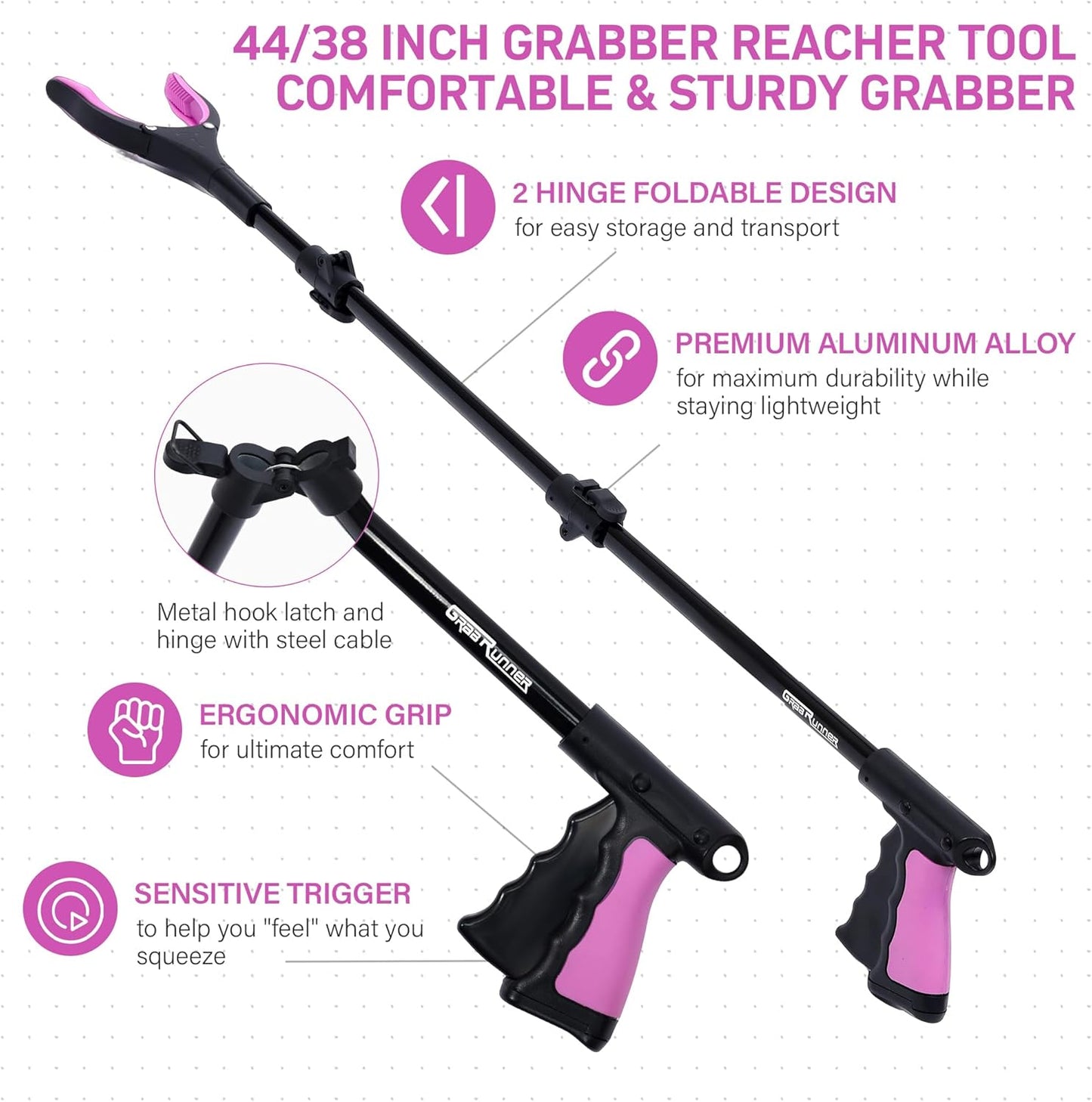 38" & 44" Extra Long Grabber Reacher Tool – 2 Pack Foldable Reacher Grabber Pickup Tools with 360° Rotating Jaw for Seniors, Hard-to-Reach Areas, Ergonomic Grip & Lightweight Design（Pink）