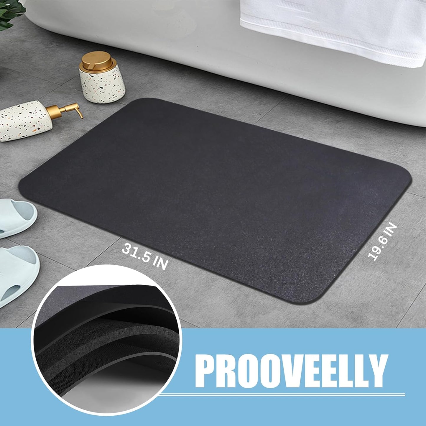 Diatomaceous Earth Bath mat Bathroom Rugs Super Absorbent Quick Dry Non Slip Bath Mat Thin Bathroom Floor Mats Fit Under Door-Shower Rug for in Front of Bathtub Shower, Dark Grey, 19.6"x31.5"