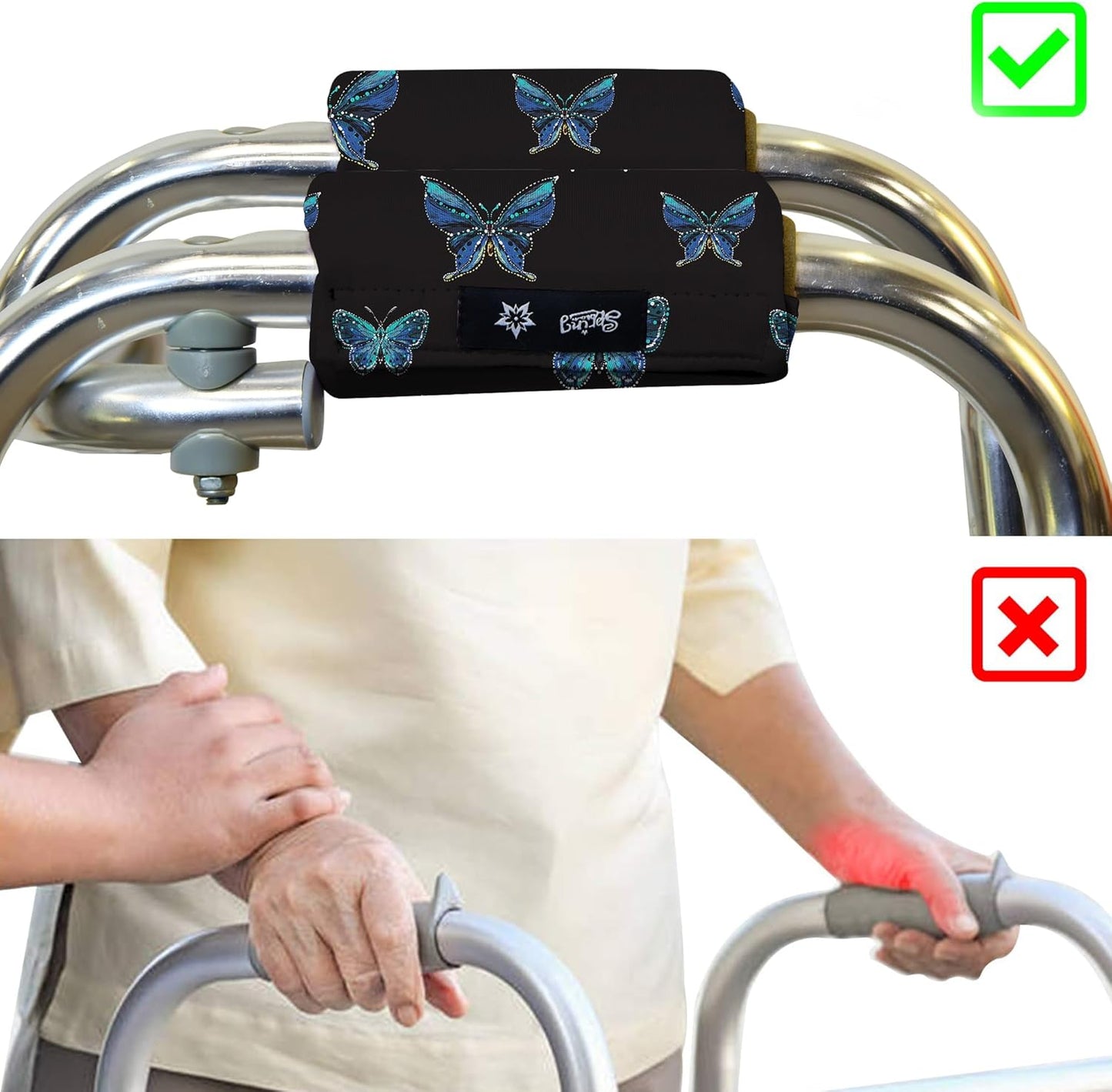 Universal Walker Hand Grip Padded Covers Non-Slip Cushion Foam for Folding Wheelchair Rollator Crutch Handle Pads 2-Pack Blue Butterfly
