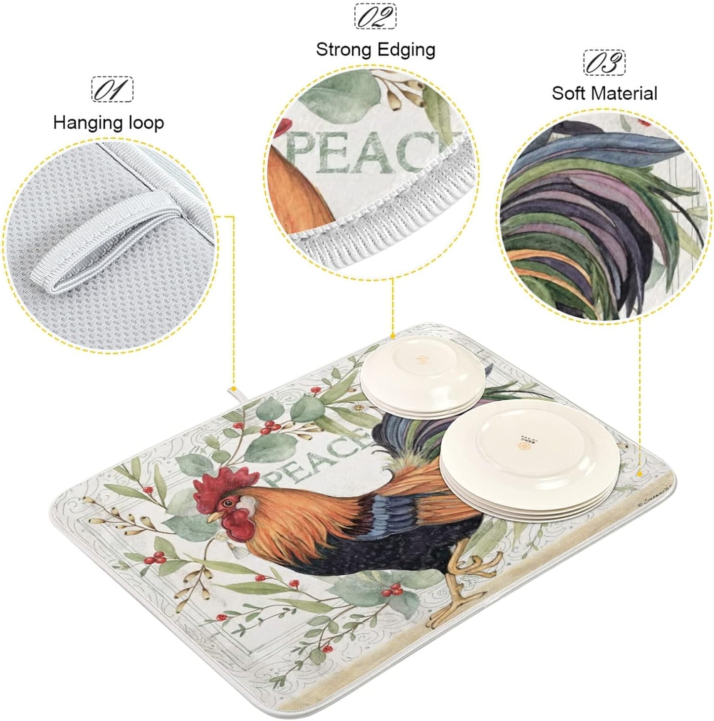 Farmhouse Rooster Farm Dish Drying Mats for Kitchen 18x24 inch Drying Mat Absorbent Microfiber Dish Mat Drainer Rack Mats Fast Dry for Kitchen Counter