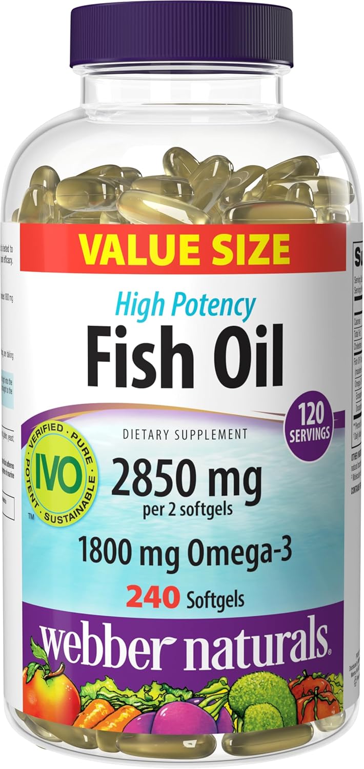 Webber Naturals Fish Oil 2850 mg, High Potency, 1800 mg Omega-3 per Serving, 240 Clear Enteric Softgels, No Fishy Aftertaste, Ultra-Purified, Supports Heart, Cognitive, and Joint Health