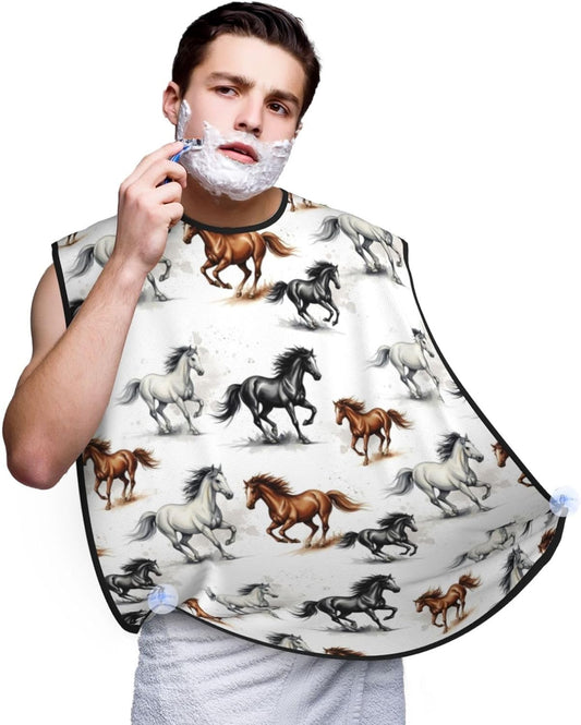 Beard Grooming Cape, Waterproof Hair Catcher for Shaving Trimming, Non-Stick Bib Apron Gifts for Dad Men, Watercolor Wild Horses Shave Bib