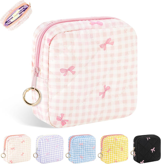 Period Bag for Teen Girls, Quilted Sanitary Napkin Storage Bag, Cute Bow Tie Menstrual Pad Pouch Tampon Holder (Plaid Pink)