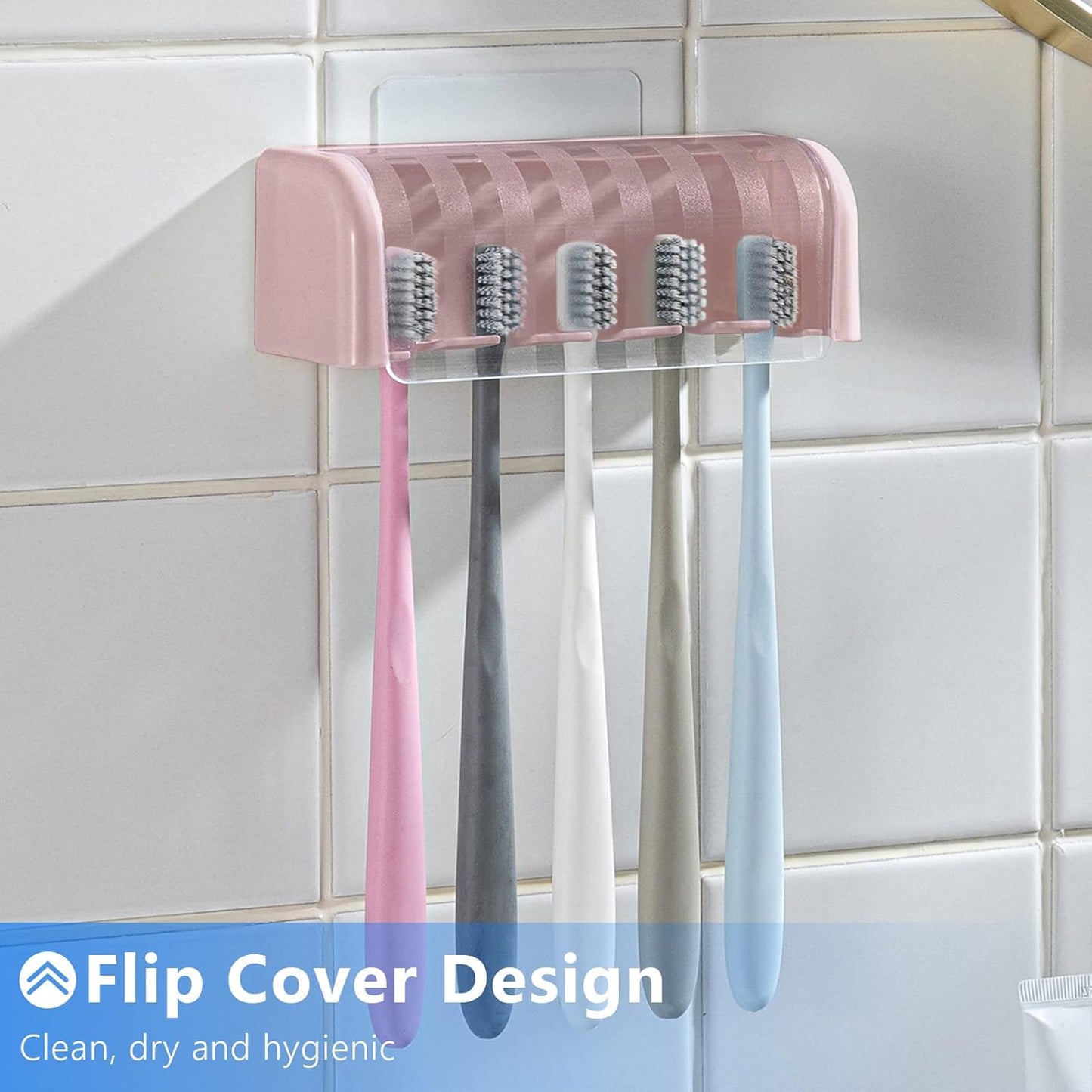 5 Slots Toothbrush Holder Wall Mount with Cover, Self Adhesive Toothbrushes Storage Organizer Perfect for Dorm Bathrooms and Shower, Holds 5 Toothbrushes. (Pink)