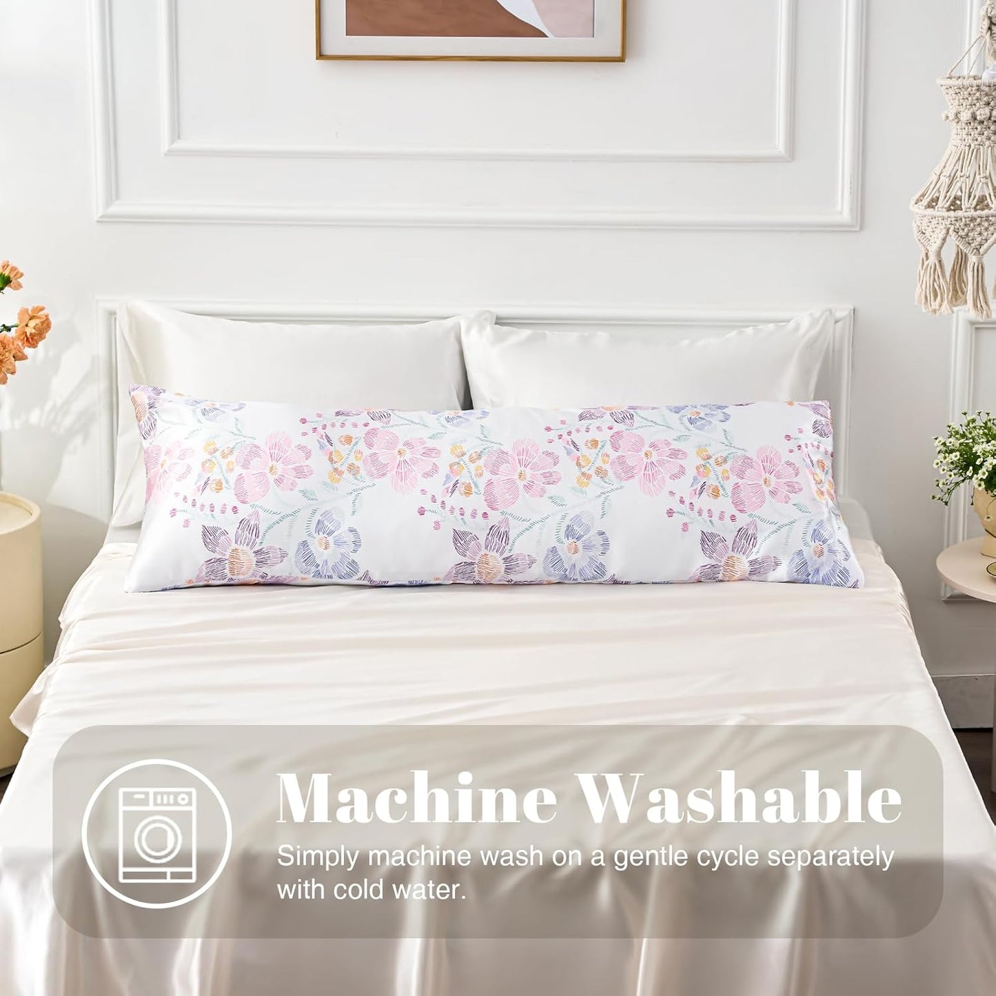 EXQ Home Satin Pillowcase for Hair and Skin Body- Multicolor Printed Flower Silk Pillowcase 20x54 inches - Body Pillow Cases with Envelope Closure, Gifts for Women