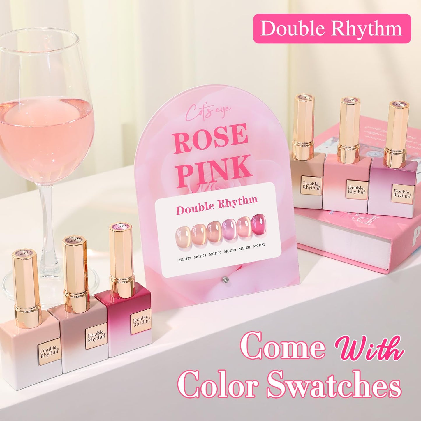 Double Rhythm Cat Eye Gel Nail Polish Set of 6 Same Color Same Bottle 0.5 Oz Shimmer Glitter with Magnet Holographic Reflective Magnetic UV Nail Polish Kit at Home (Glass Nude Pink Rose-T6-32)