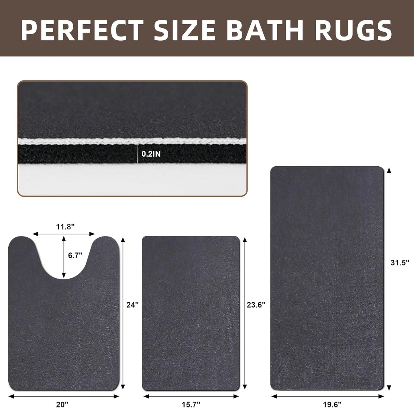 Diatomaceous earth bath mat Bathroom Rugs Sets 3 Piece Super Absorbent Quick Dry Bath Mats, Rubber Non Slip Shower Mat and Toilet Mat U Shape, Shower Rug for in Front of Bathtub Shower, Dark Grey