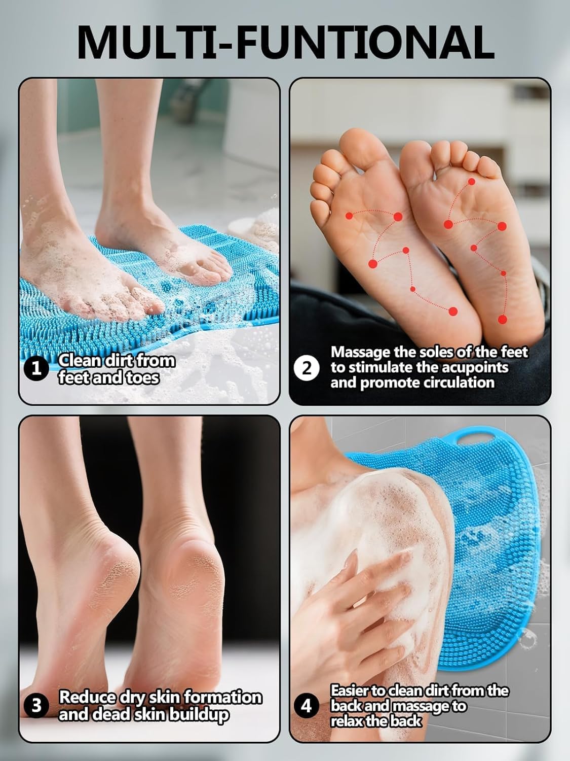 Kalolary Silicone Shower Foot Scrubber Mat, Large Foot Scrubber in Shower with Non Slip Suction Cups Foot Cleaner Brush to Clean Exfoliate and Massage Feet Without Bending Over Easy to Clean (Blue)