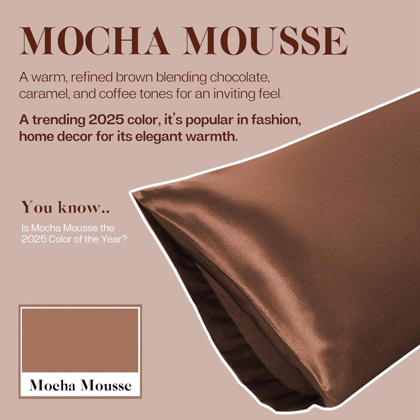 MR&HM Satin Body Pillow Cover, Soft and Breathable Body Pillow Case with Envelope Closure, Cooling and Silky Long Pillowcase for Hair and Skin,Grey (20x54, Mocha Mousse)
