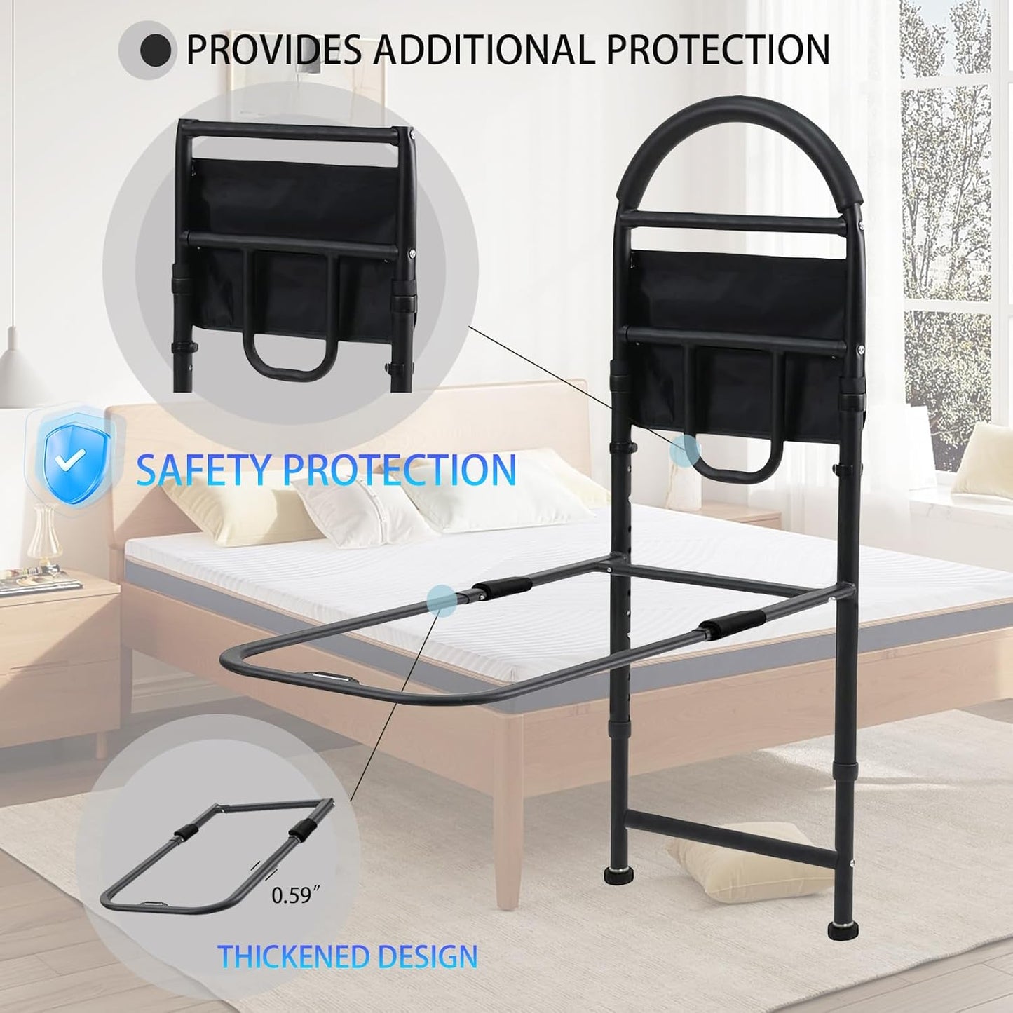 Bed Rails for Elderly Adults Safety, ASTM Approved Adjustable Bed Handle Bedside Assist, Non-Slip Ergonomic Handle and Support Bar, Support Up to 330lbs, with Fixing Strap