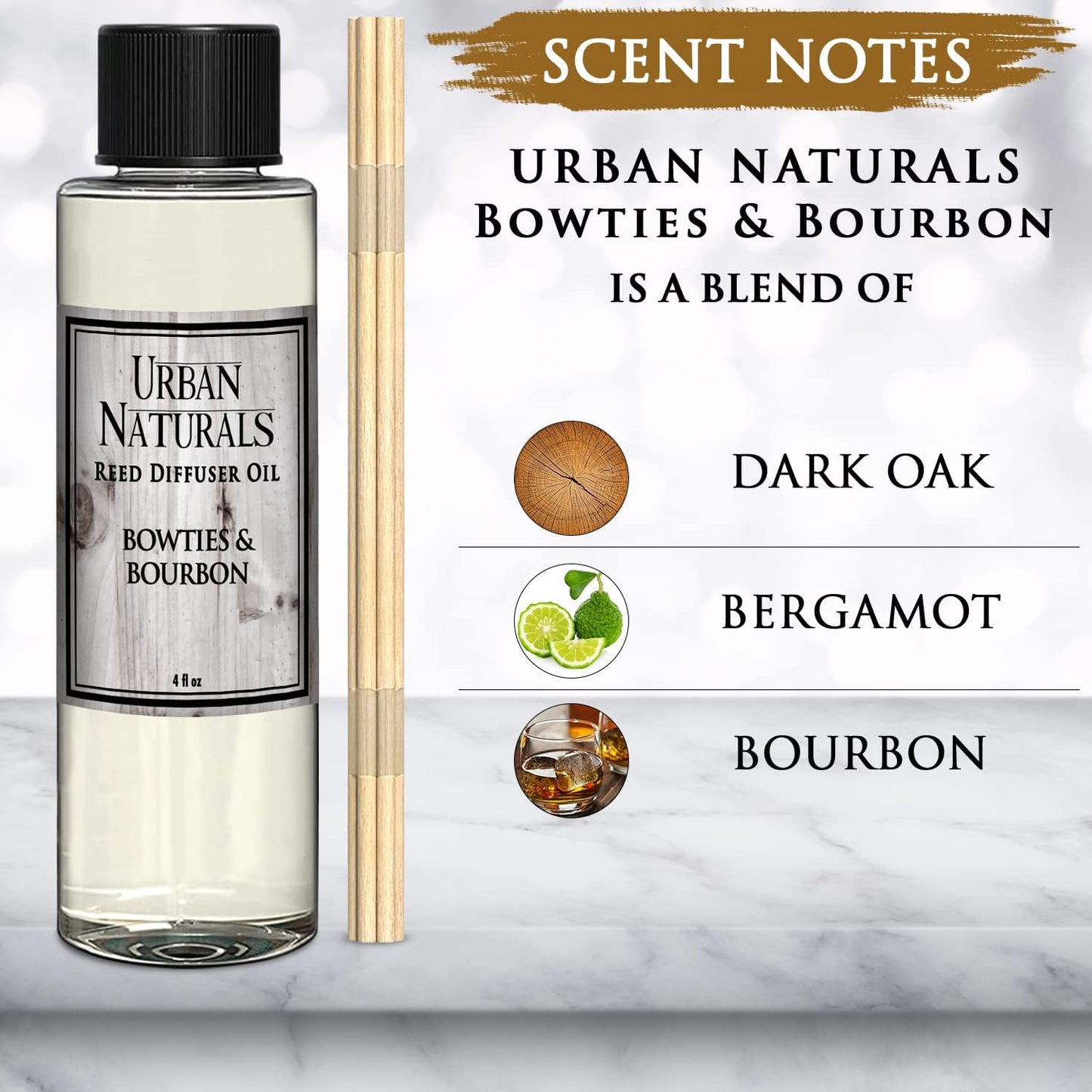 Urban Naturals Bowties & Bourbon Scented Oil Reed Diffuser Refill with Free Set of Reed Sticks. A Unisex Scent Blended with Dark Oak, Bergamot and Bourbon for a Fresh, Clean Smelling Home, 4 oz