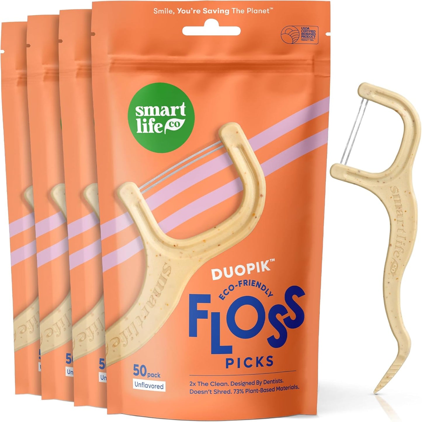 SmartLifeco Eco-Friendly Dual-Thread Dental Floss Picks (200ct) - Flossers Made with Straw Wheat Blend, Proven Anti-Shred for Tight Gaps, Tooth Pick Stick for Adults, Soft on Gum & Teeth, Unflavored