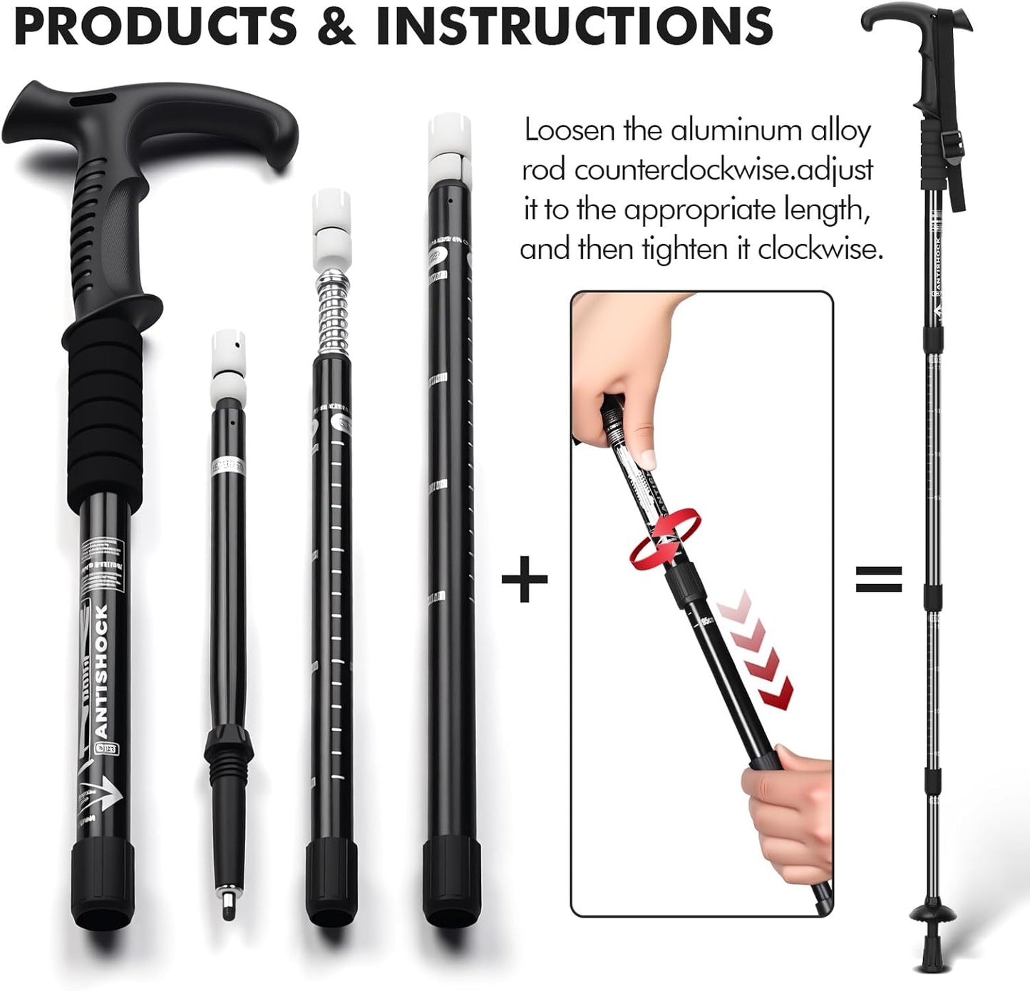 Telescopic Walking Cane 43 Inch with Anti-Shock & T-Grip Handle - 7075 Aluminum Quick Lock Trekking Pole, Ultralight for Hiking, Camping, Mountaineering