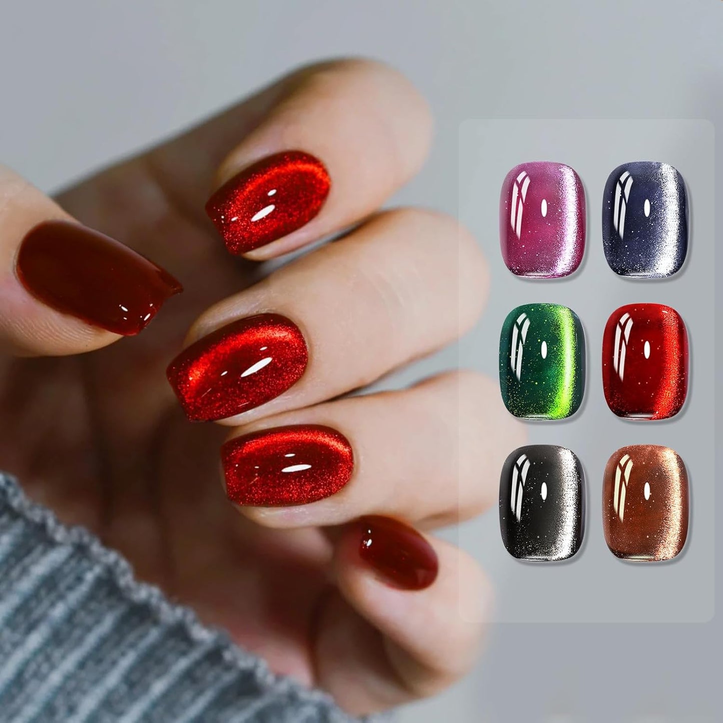 Born Pretty 6 Colors Christmas Cat Magnetic Eye Gel Nail Polish Set,Fall Winter Red Green Brown Black Blue Shimmer Glitter Holographic Magnetic Soak Off U V Nail Gel DIY Art for Girls Women 7ML