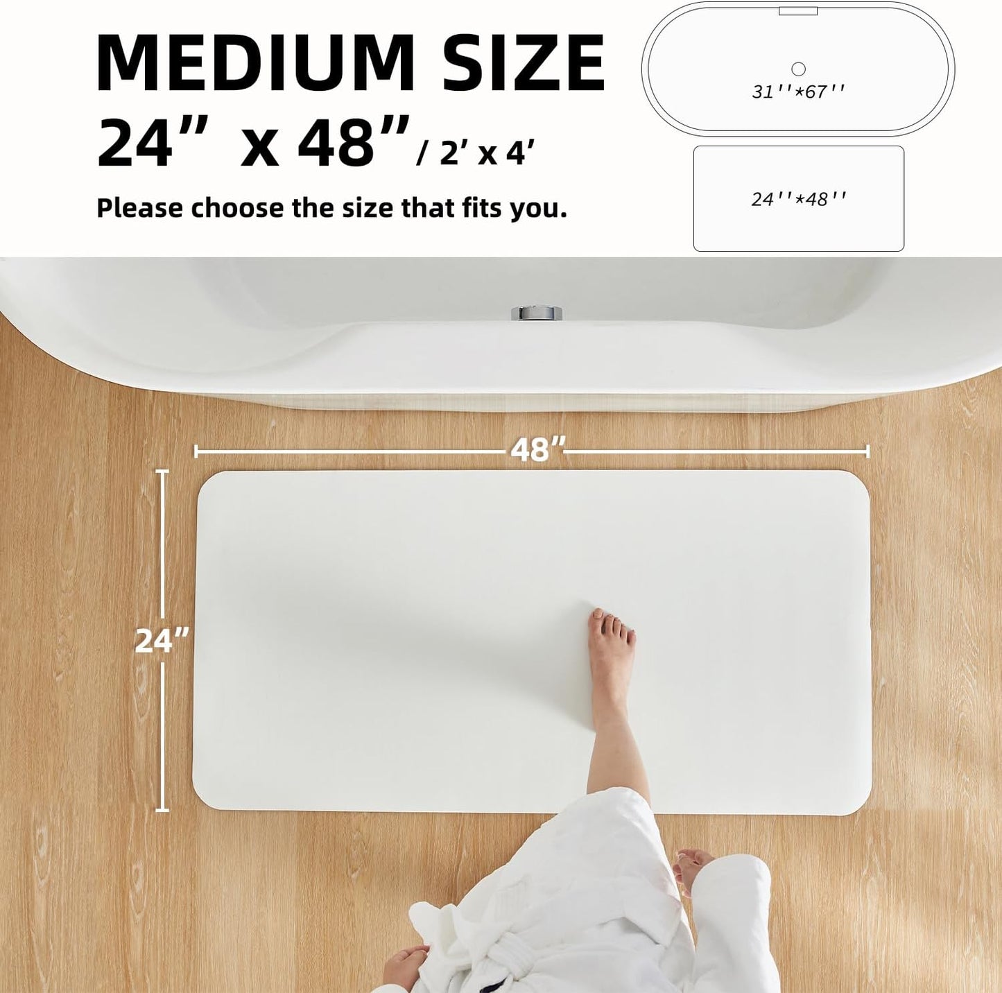 White Bath Mat, Bathroom Rugs Non Slip Washable Thin Absorbent Quick Dry Bath Mat Fits Under Door Bathroom Floor Mat Perfect for Bath, Shower, or Sink 24"x48" White