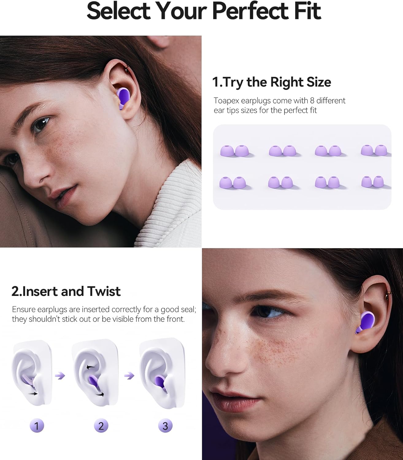 Ear Plugs for Sleeping 45dB Noise Cancelling Ear Plugs for Concerts & Noise Reduction, Earplugs for Sleep, Snoring Airplane Musician Calmer, Silicone Earplugs Reusable Concert Ear Plug +8Tip Violet