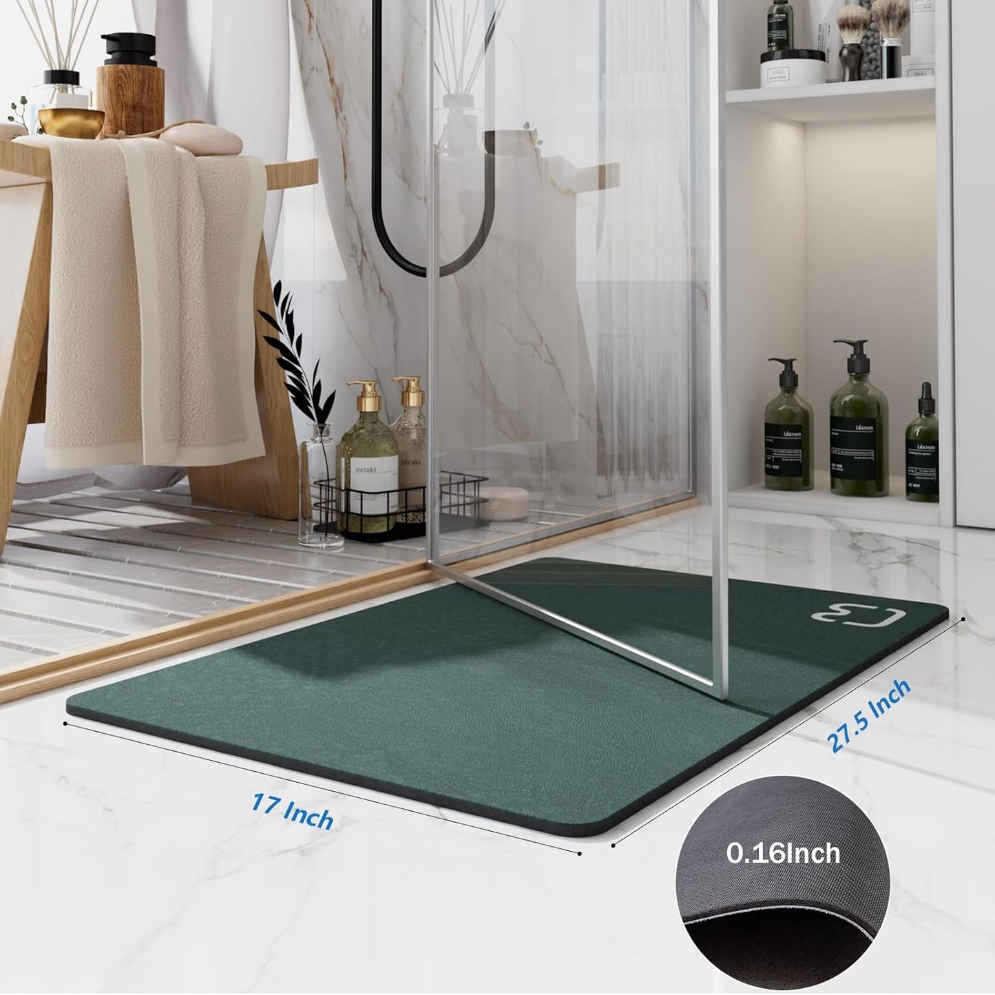 Bath Mat Rugs - Bath Mats for Bathroom Non Slip Absorbent Quick Dry Rubber Backed Thin Bath Rug - Bathroom Floor Mat Bathmat Stain Resistant Easy Care, Machine Washable 17"x27.5", Dark Green