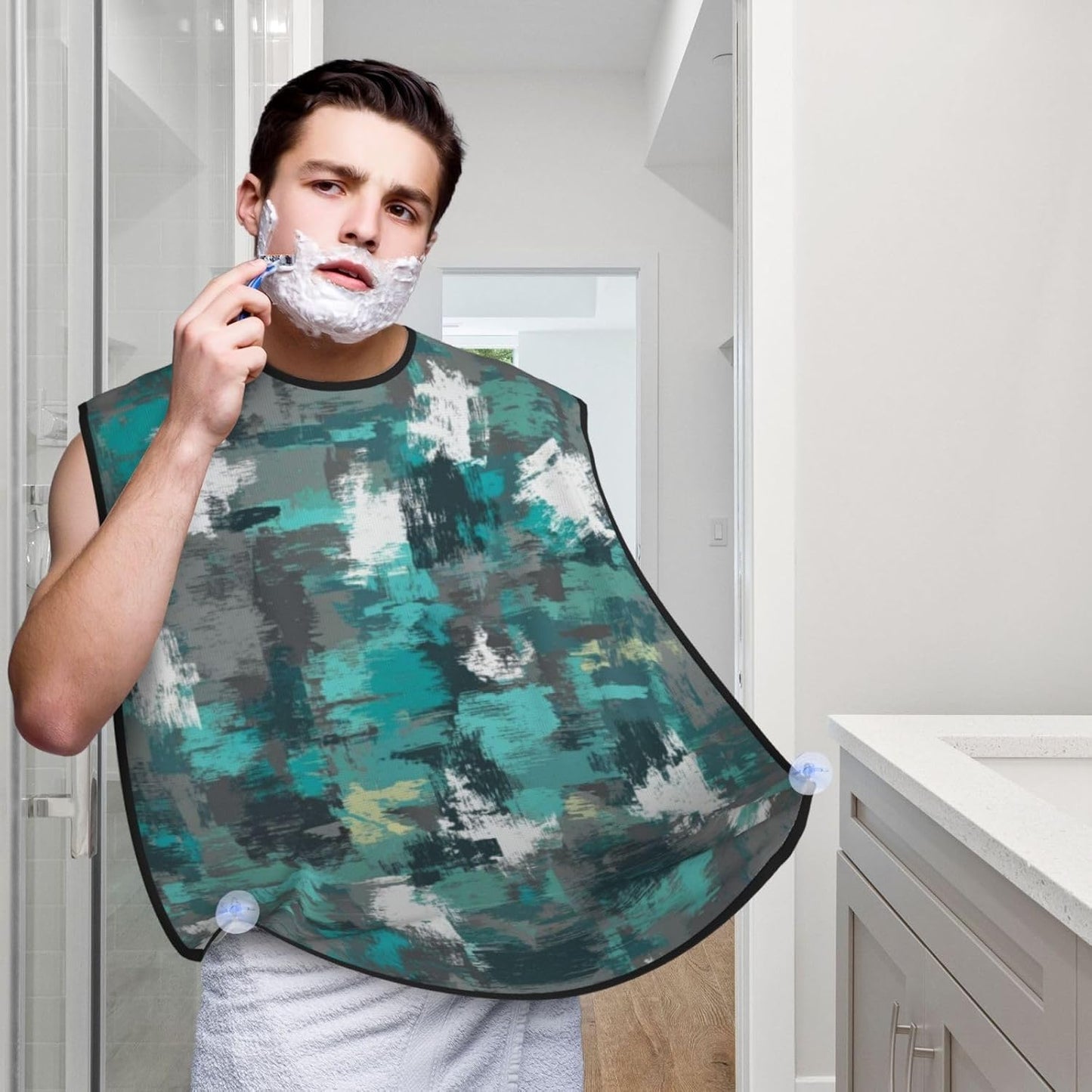 Stretchable Beard Cape, Non-Stick Hair Catcher for Trimming, Waterproof Grooming Apron, Turquoise Grey Abstract Teal Modern Art Painting