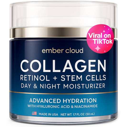 Collagen Face Cream with Stem Cells Retinol Hyaluronic Acid Niacinamide for All Skin Types - Anti-Aging Face Moisturizer with Airless Pump - Day & Night Cream for Wrinkles - Made in USA 1.7 Oz
