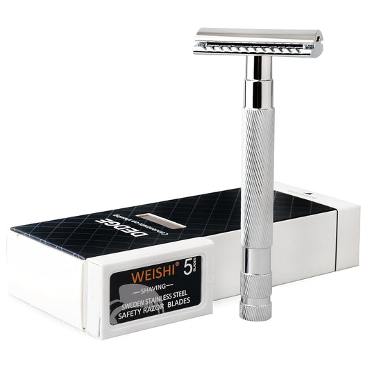 DEDGE Classic Double Edge Safety Razor Single Blade Razor For Men, Reusable Razor, with 5 Premium Razor Blades -Chrome